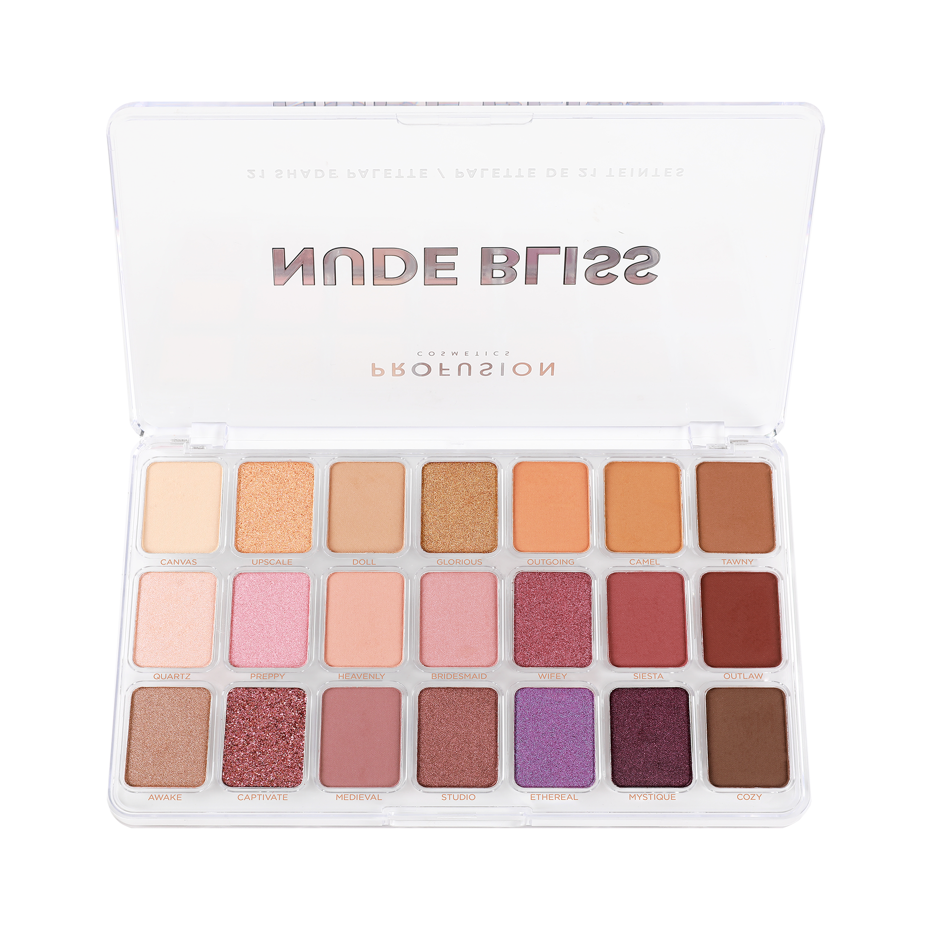 Profusion Cosmetics Artistry 21 Shade Eyeshadow Palette with varied matte and shimmer shades in a sleek compact.