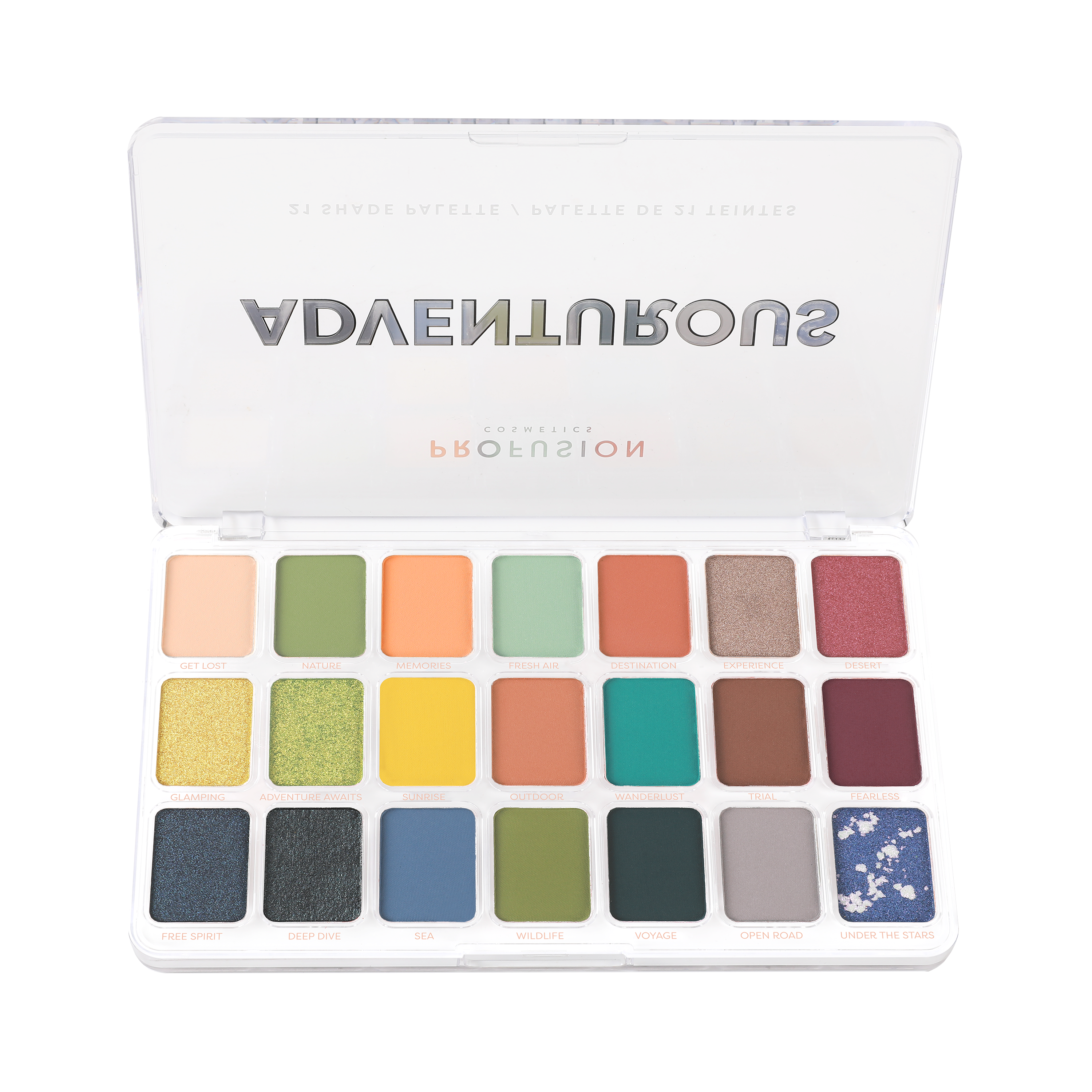 Profusion Cosmetics Artistry 21 Shade Eyeshadow Palette with a variety of colorful and neutral eye makeup shades.