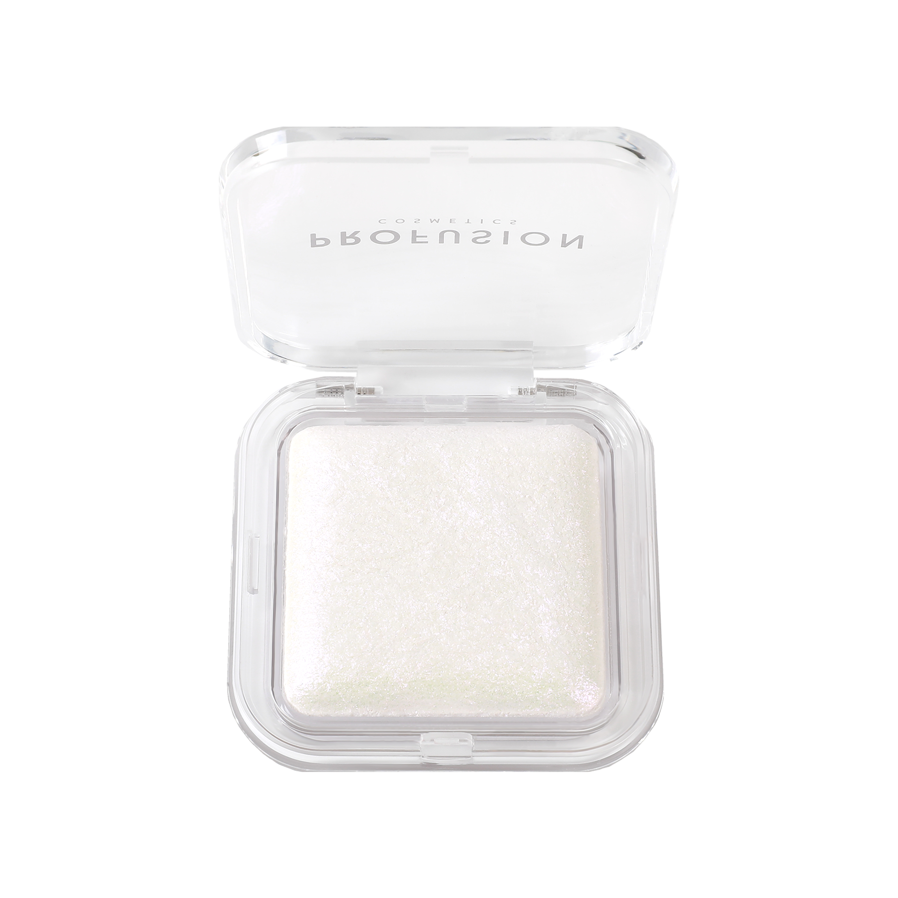 Profusion Cosmetics Holo Beam holographic highlighter on face, showcasing its iridescent, radiant glow for a luminous finish.