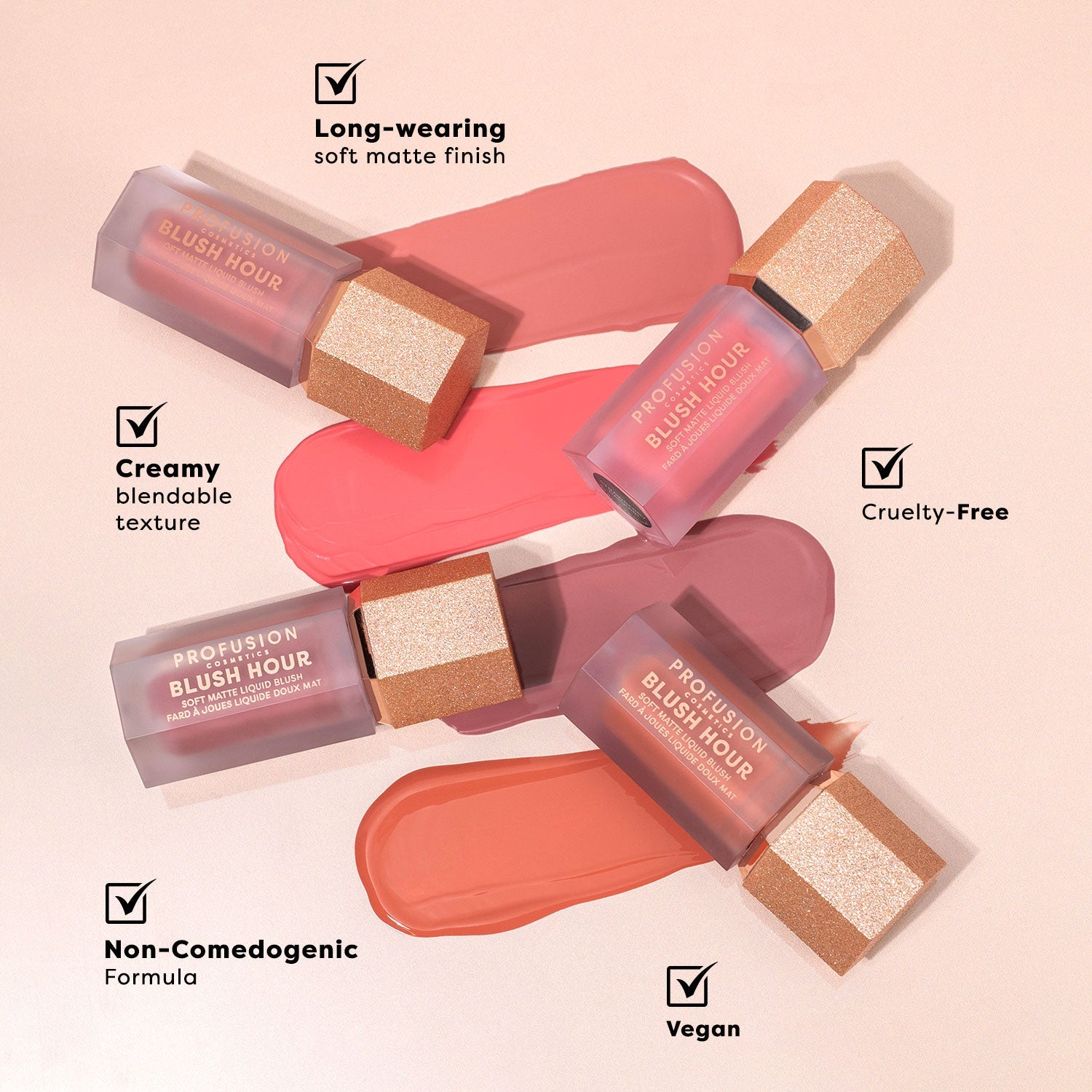 Profusion Cosmetics Blush Hour Soft Matte Liquid Blush on face, showing peachy Bellini shade with smooth matte finish.