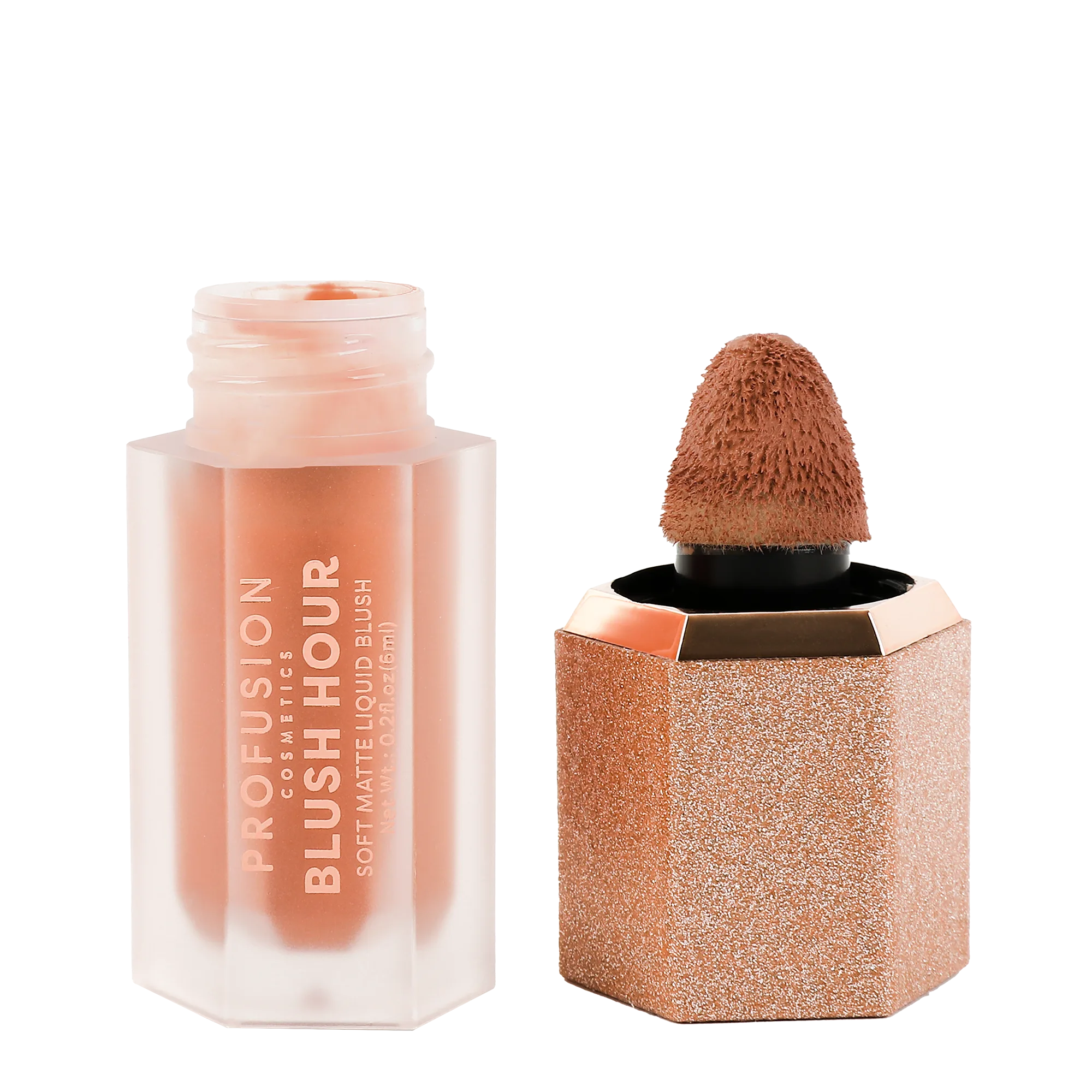 Profusion Cosmetics Blush Hour Soft Matte Liquid Blush in Bellini, showing a smooth, natural pink liquid blush on face.