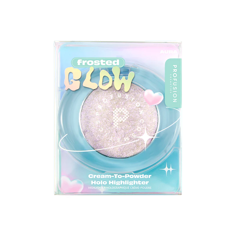 Profusion Cosmetics Bouncy Glow Frosted Holo Highlighter face makeup in a closed box with frosted holographic design.