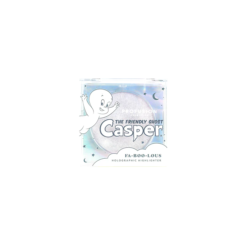 Profusion Cosmetics Casper the Friendly Ghost Fa-Boo-Lous holographic highlighter face product with shimmering, iridescent finish.