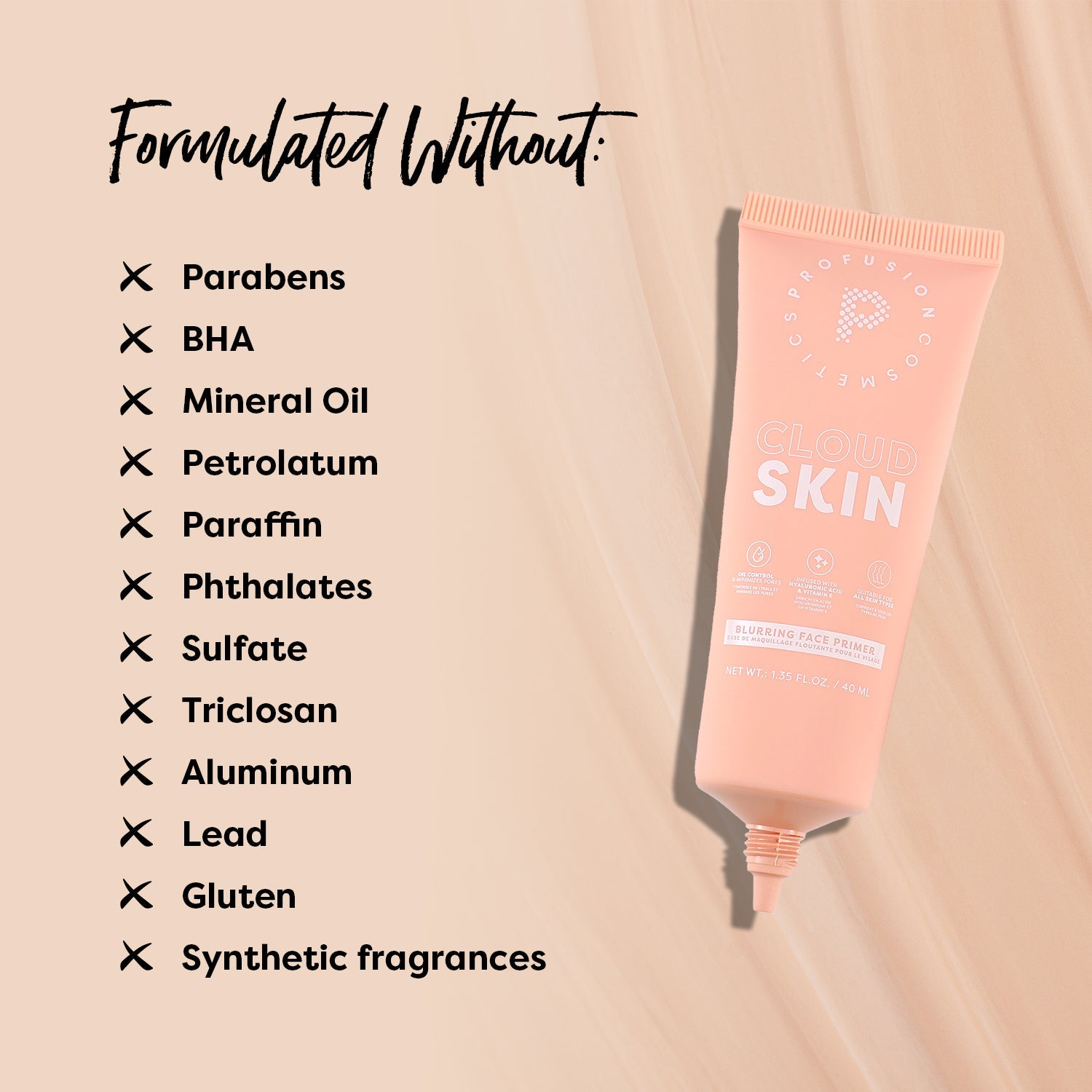 Profusion Cosmetics Cloud Skin Blurring Face Primer tube with a sleek design, ideal for smoothing and prepping facial skin.