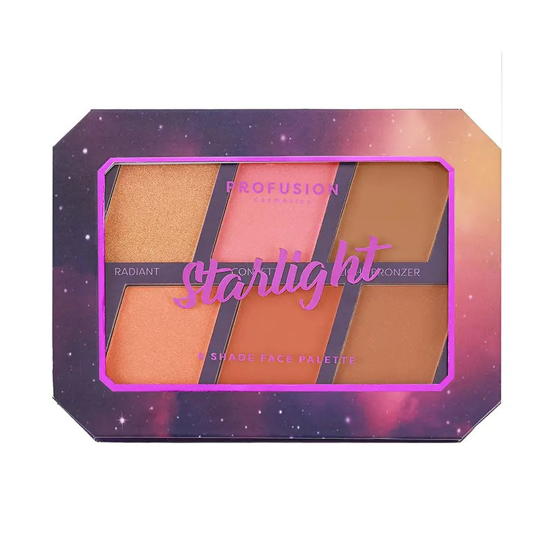 Profusion Cosmetics Euphoric Glam Starlight Face Palette with shimmering highlighters and blush in a sleek compact.