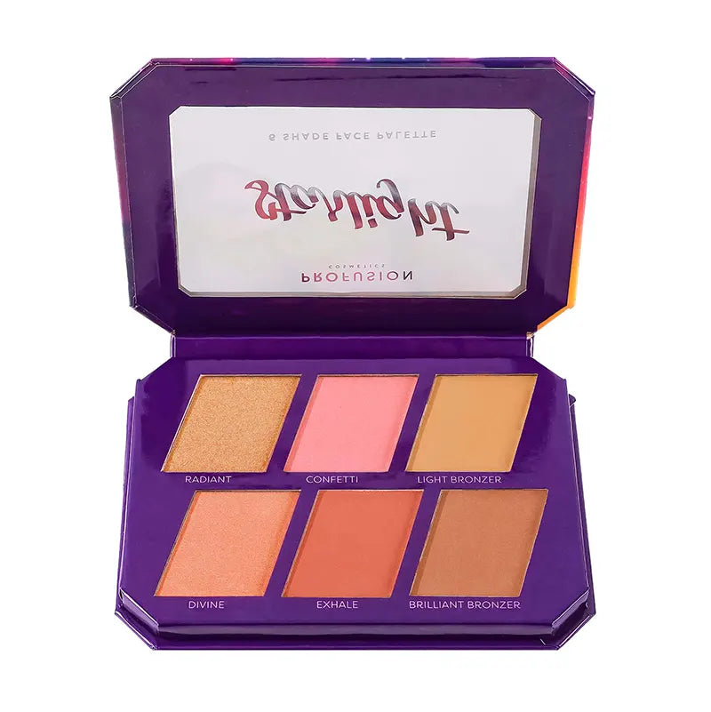 Profusion Cosmetics Euphoric Glam Starlight Face Palette with shimmering highlighters and blush on a neutral background.