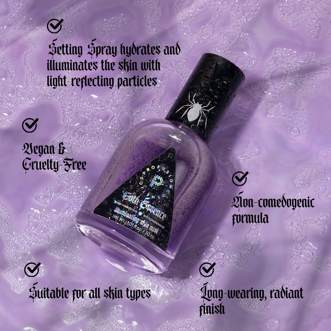 Profusion Cosmetics Gothic Essence-Illuminating Skin Mist for face, featuring a sleek bottle and a luminous, radiant finish.
