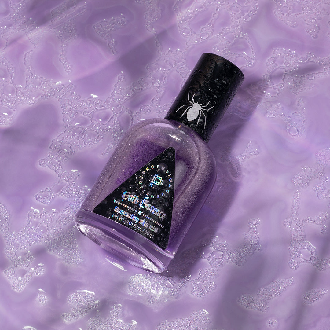 Profusion Cosmetics Gothic Essence-Illuminating Skin Mist for face, featuring a sleek bottle with a mist spray nozzle.