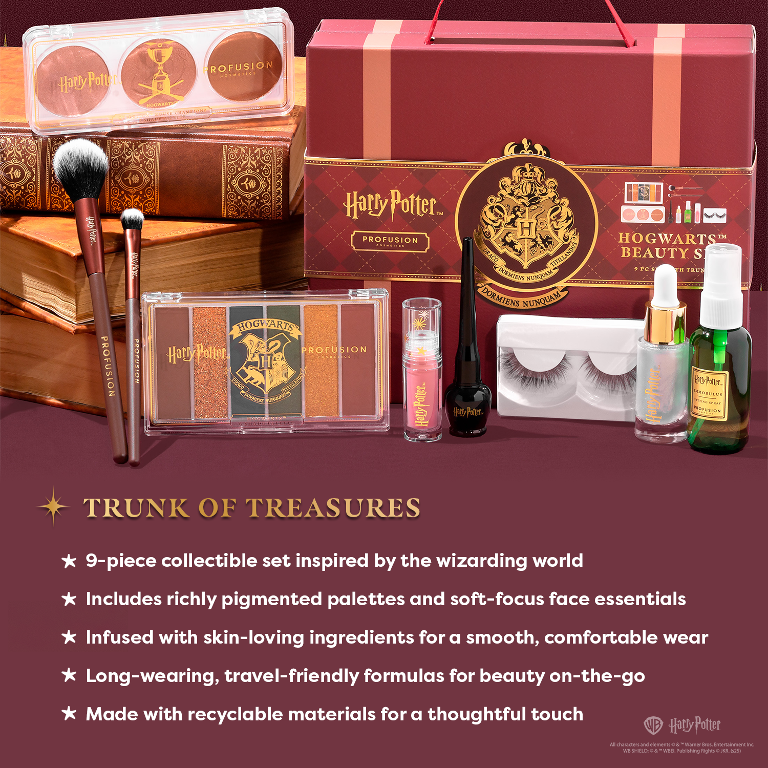 Profusion Cosmetics Harry Potter Hogwarts holiday face beauty set with wizard-themed makeup and skincare products.