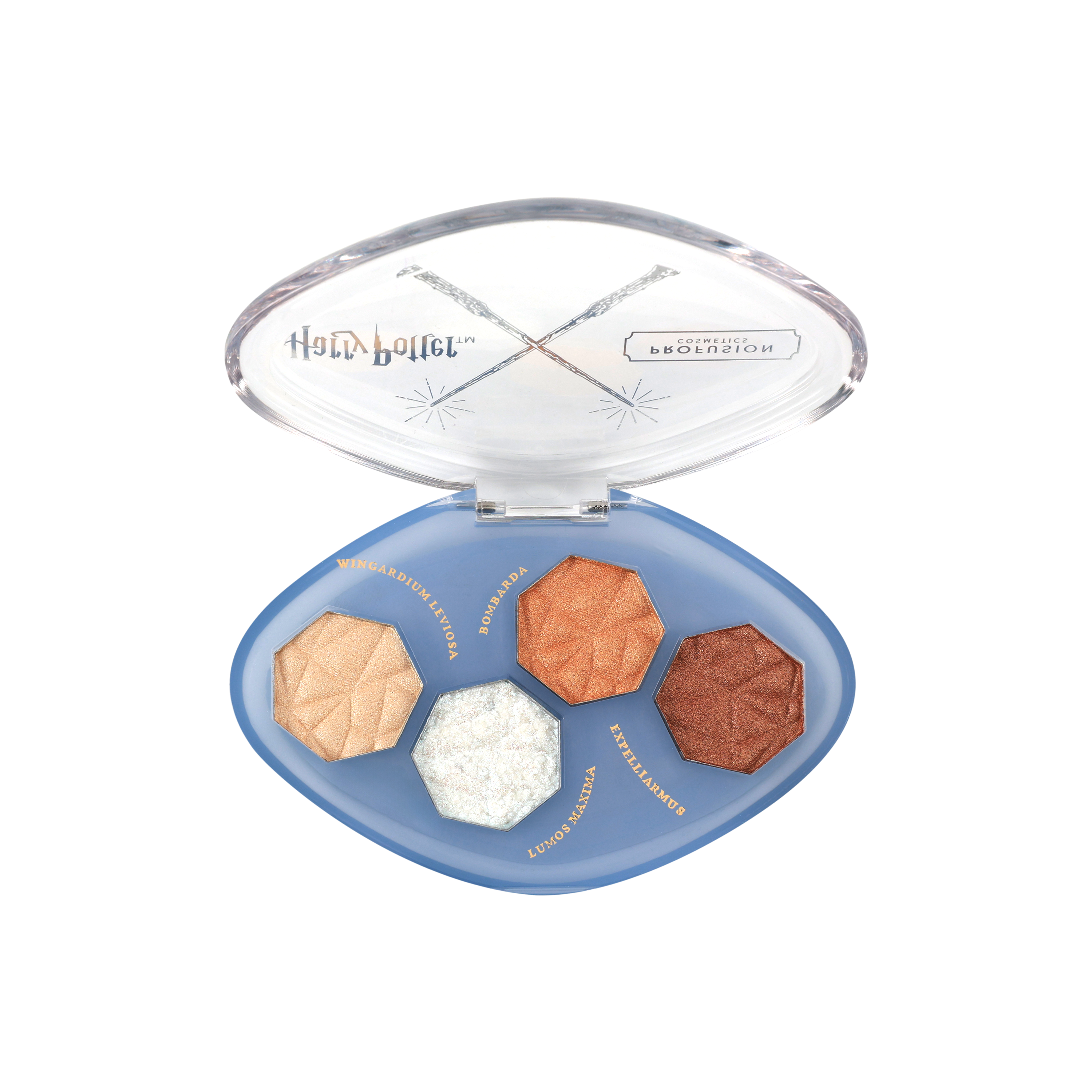 Profusion Cosmetics Harry Potter Holiday Magical Charms illuminating highlighter quad, face makeup with shimmering pastel shades.