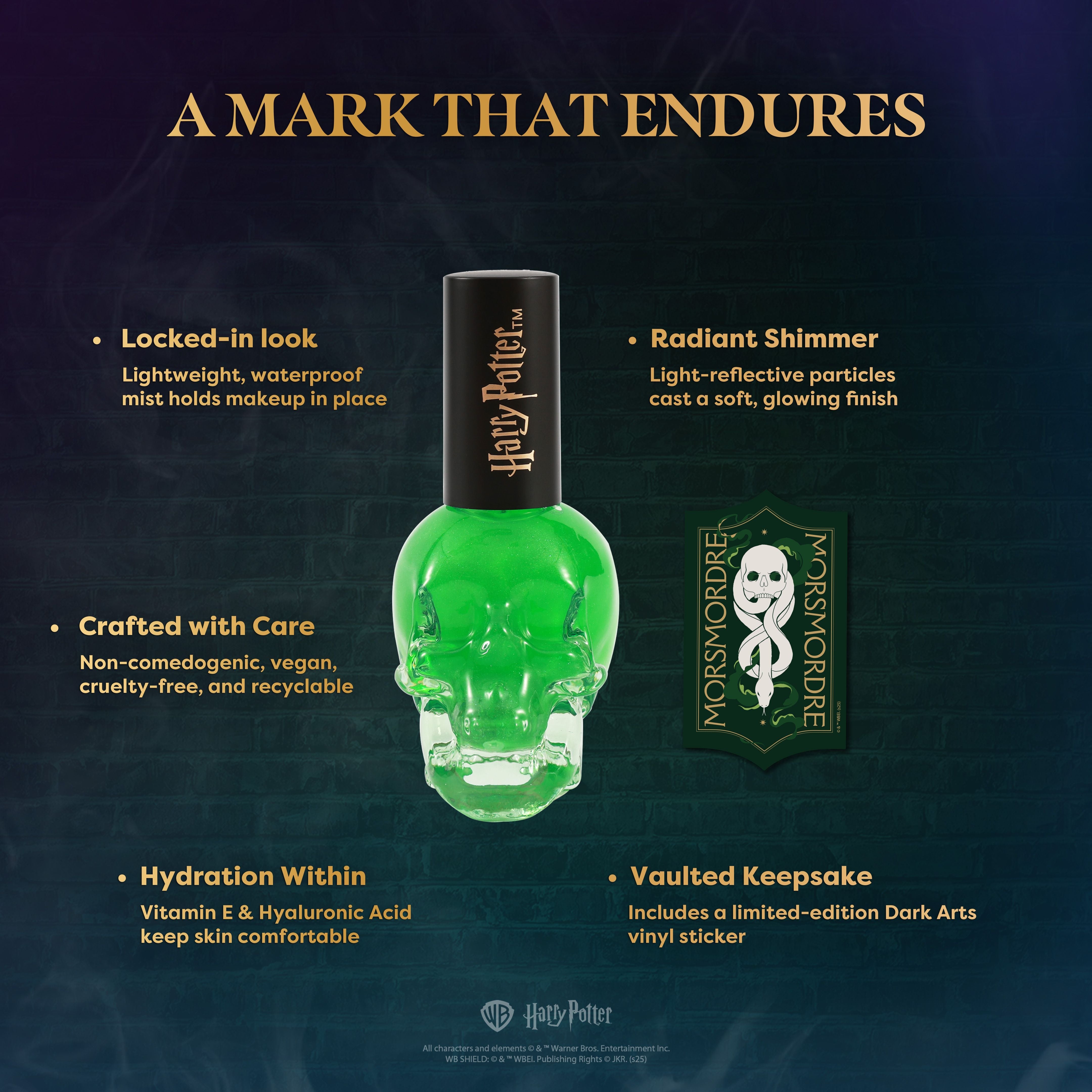 Profusion Cosmetics HP Dark Arts Morsmordre Illuminating Setting Spray on a face with a dark, mystical theme and a spray bottle.