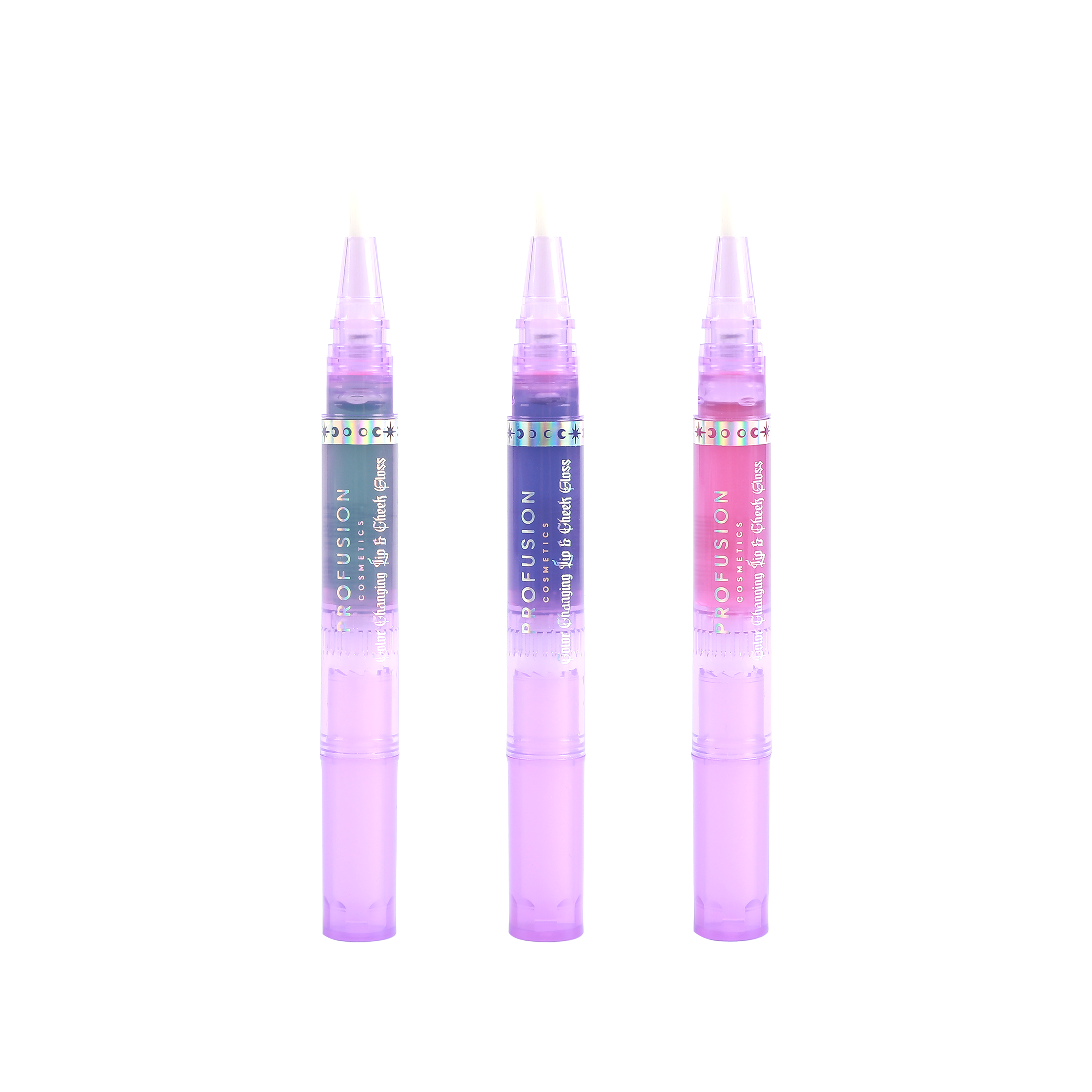 Profusion Cosmetics Mood Gloss color-changing lip and cheek gloss, showing a shiny, multi-tonal face application and vibrant finish.