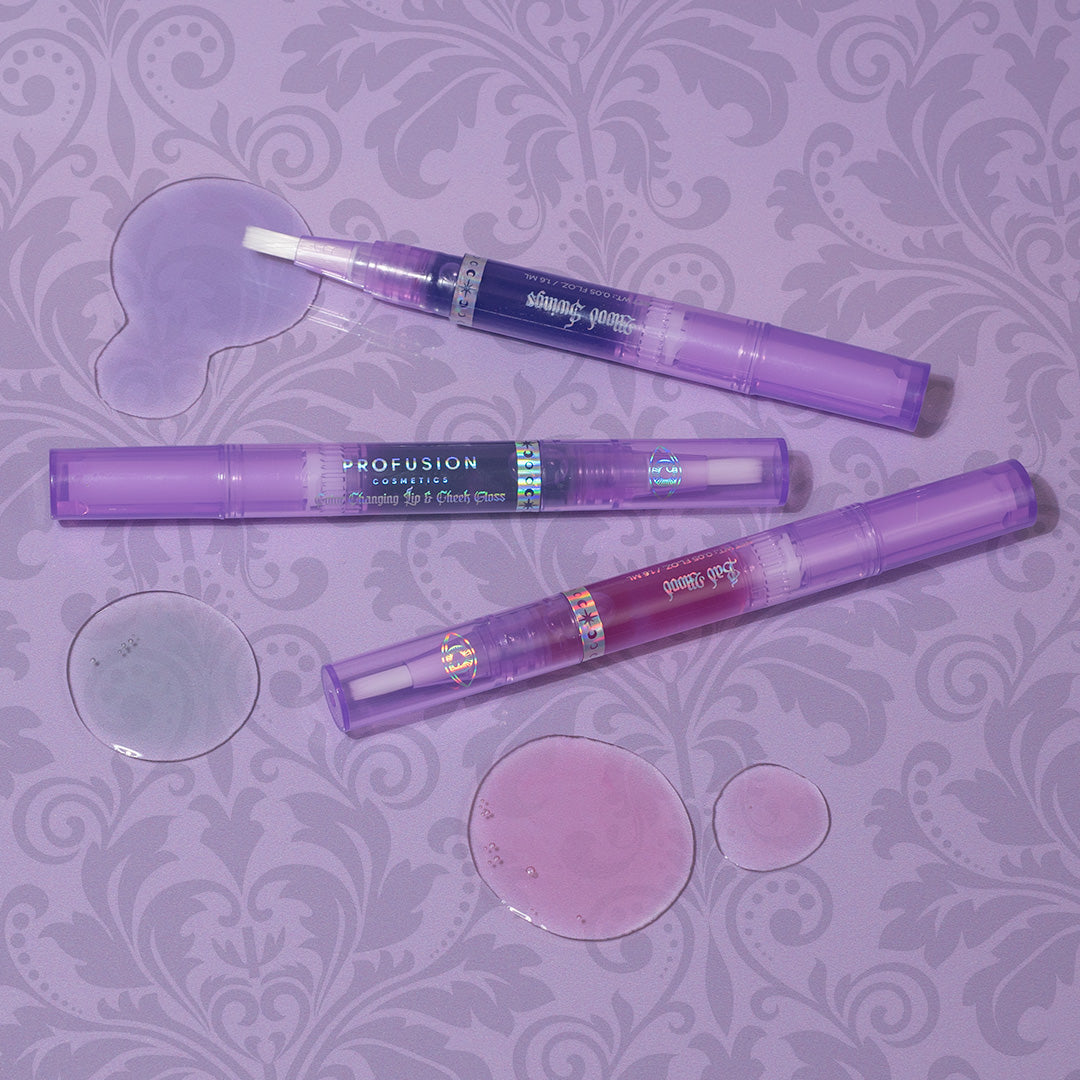 Profusion Cosmetics Mood Gloss color-changing lip and cheek gloss on face, showcasing its vibrant, shifting shades and glossy finish.
