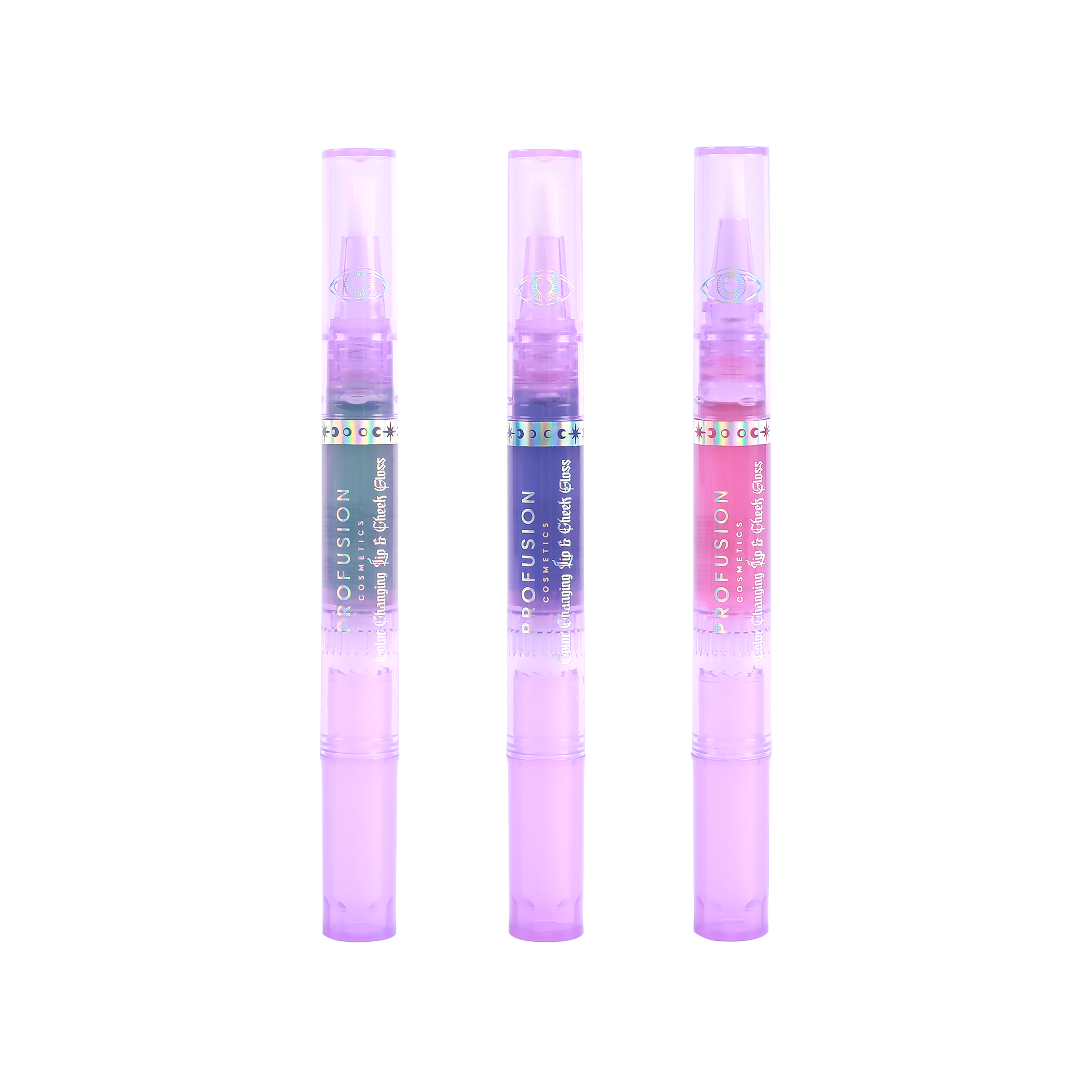 Profusion Cosmetics Mood Gloss color-changing lip and cheek gloss, smooth face application, vibrant and hydrating finish.