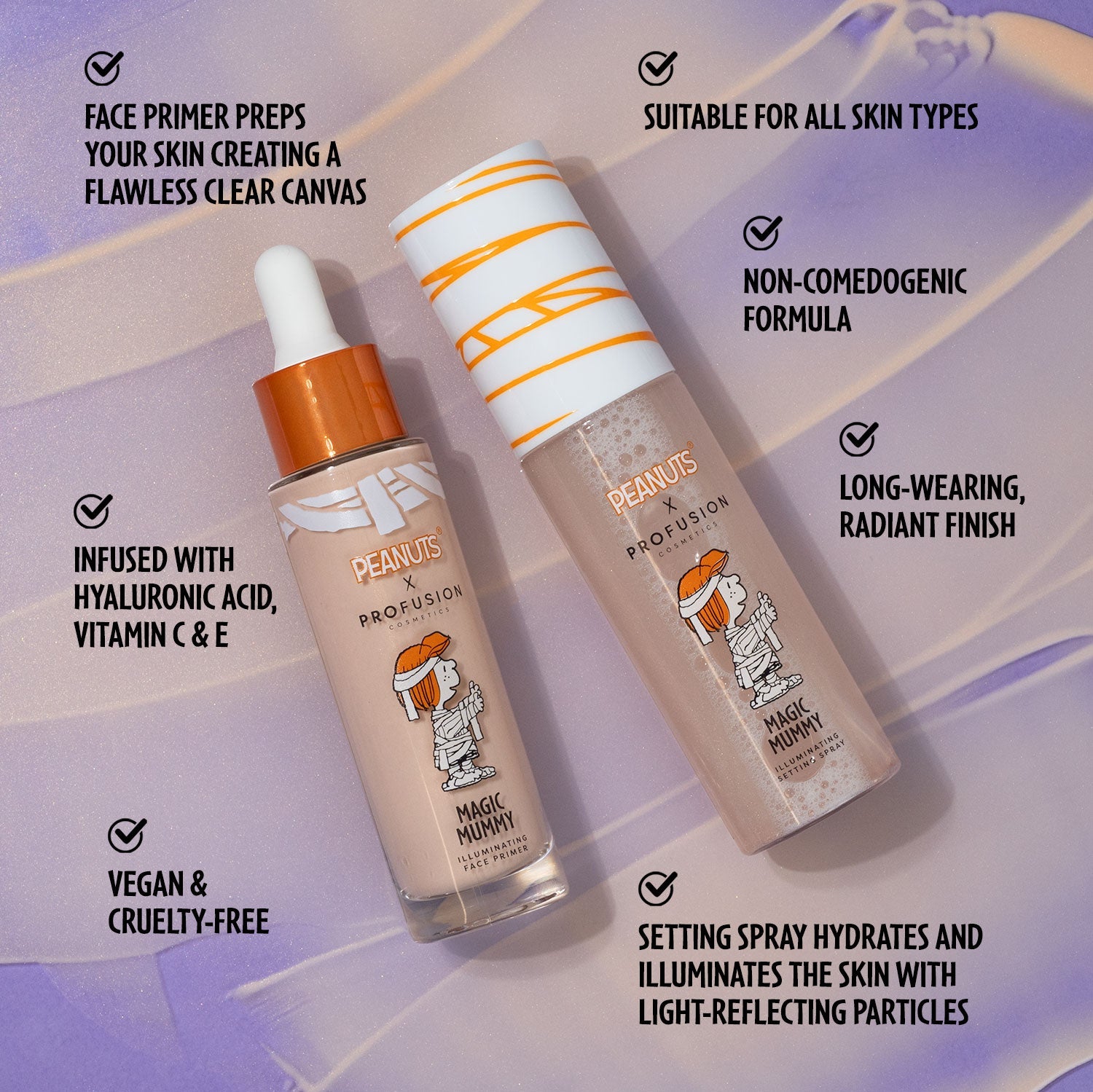 Profusion Cosmetics Peanuts Halloween Magic Mummy face primer and setting spray set with illuminating finish and spooky mummy design.