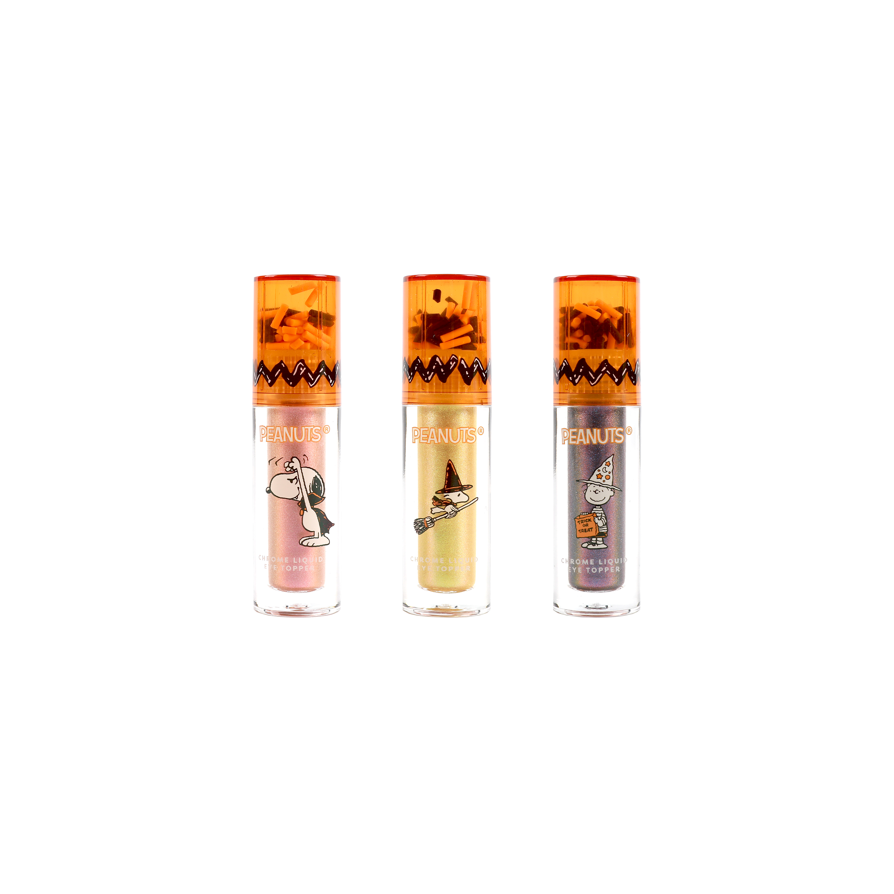 Profusion Cosmetics Peanuts Halloween Magical Wizard Chrome Liquid Topper set on face, featuring vibrant, shimmering face makeup.