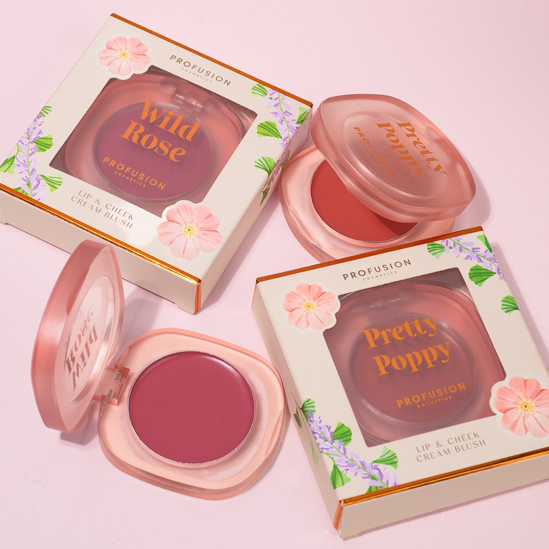 Profusion Cosmetics Petal Perfect Pretty Poppy face cream blush with vibrant pink shade on a makeup palette.