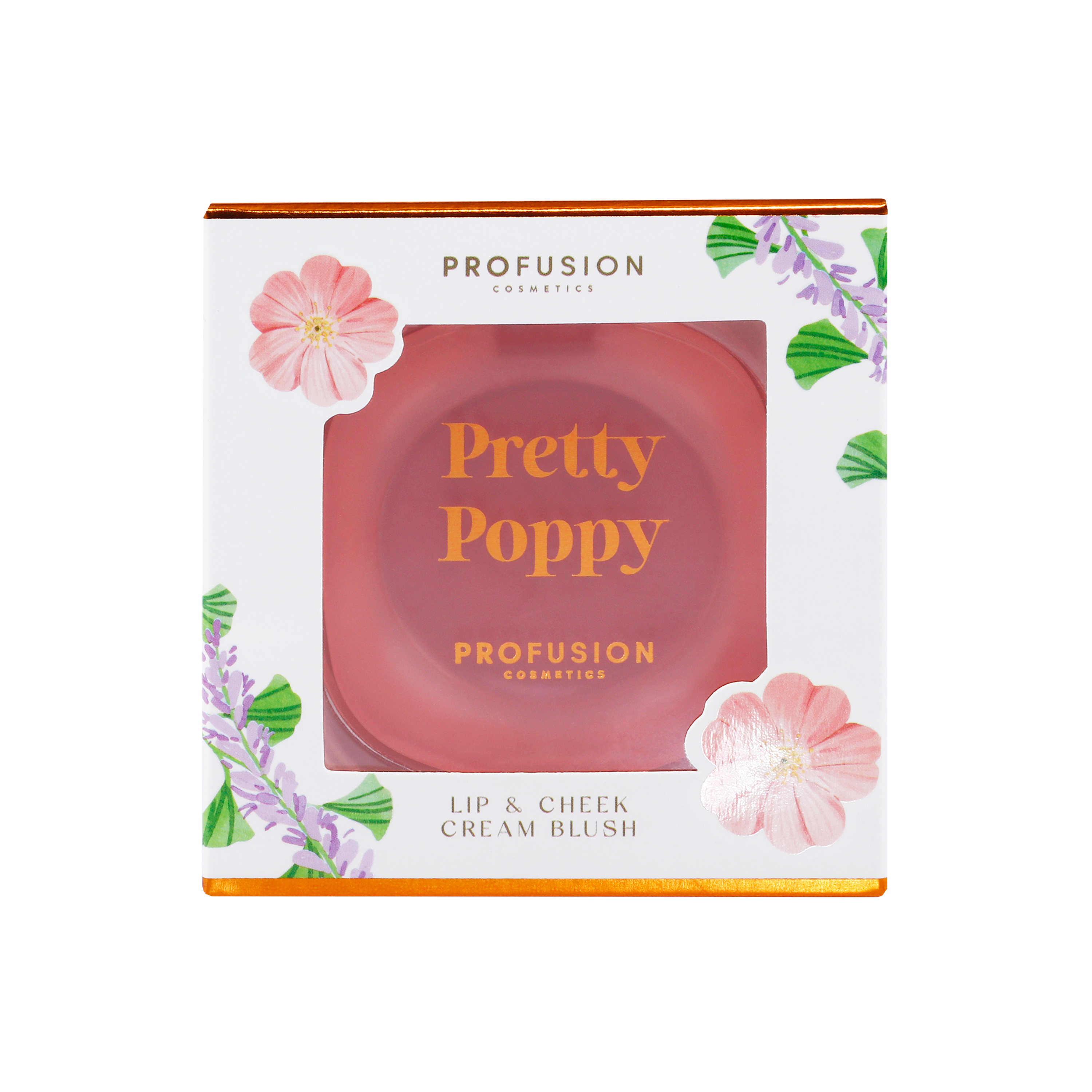 Profusion Cosmetics Petal Perfect Pretty Poppy lip and cheek cream blush in a soft pink shade, displayed on a face.