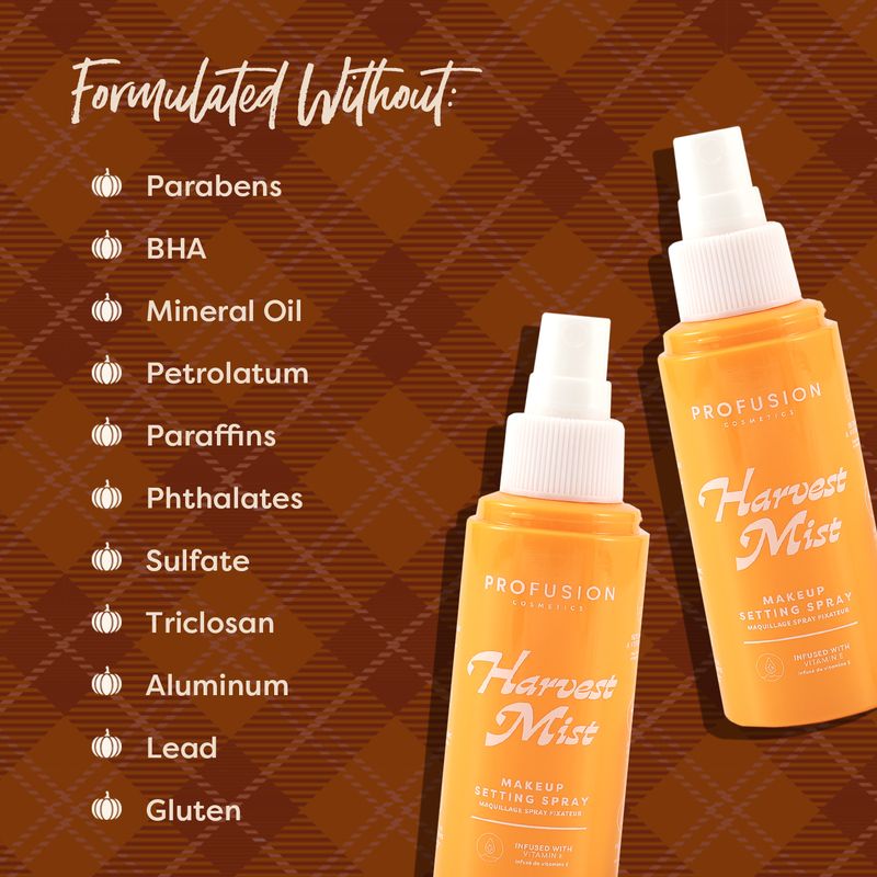 Profusion Cosmetics Pumpkin Spice Harvest Mist Setting Spray for face, with autumn-inspired scent and refreshing mist in a spray bottle.