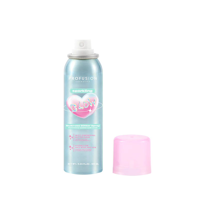 Profusion Cosmetics Sparkling Glow multi-use glitter spray for face with shimmering, sparkling finish on a clear background.