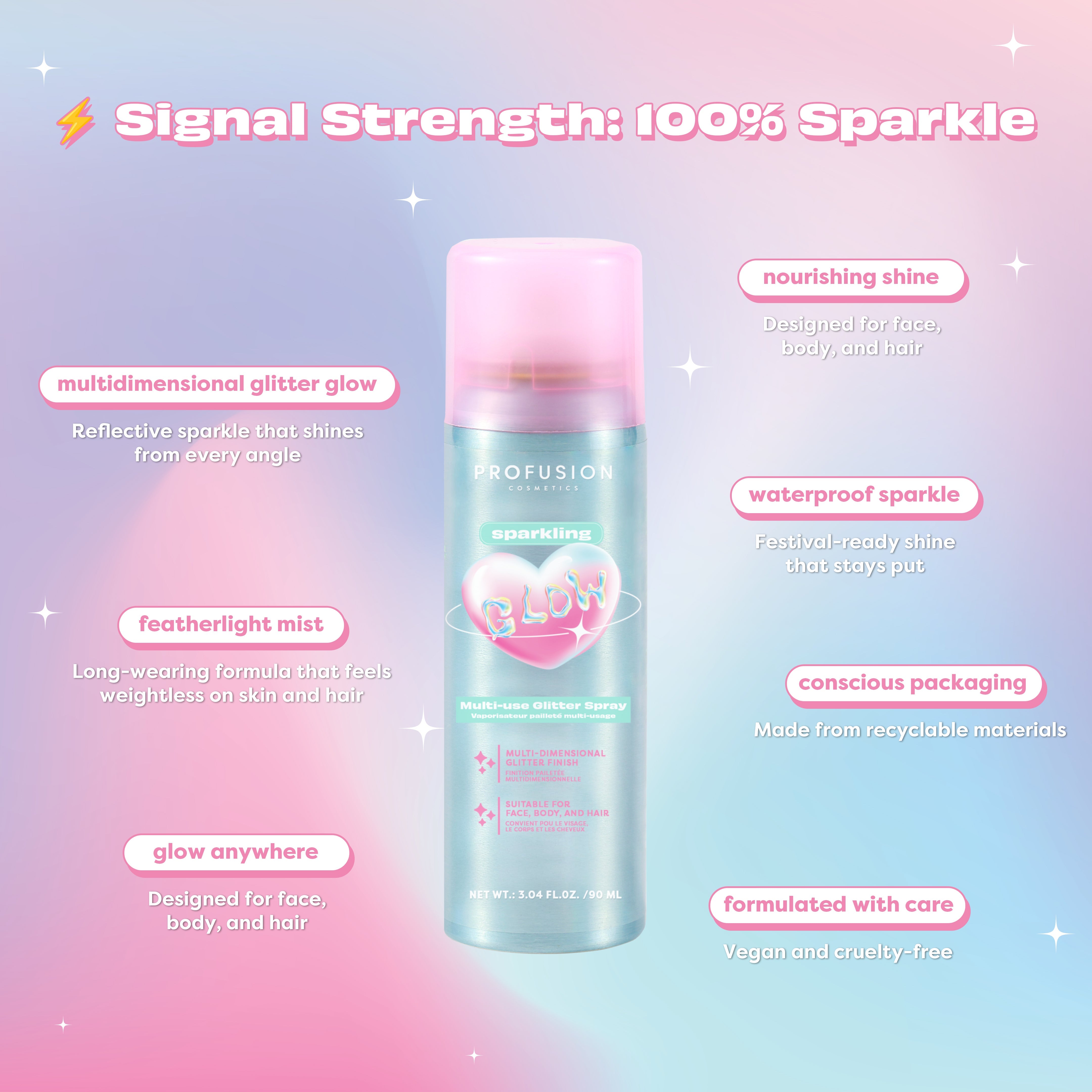 Profusion Cosmetics Sparkling Glow multi-use glitter spray for face, featuring a shimmering, sparkling finish for glowing skin.