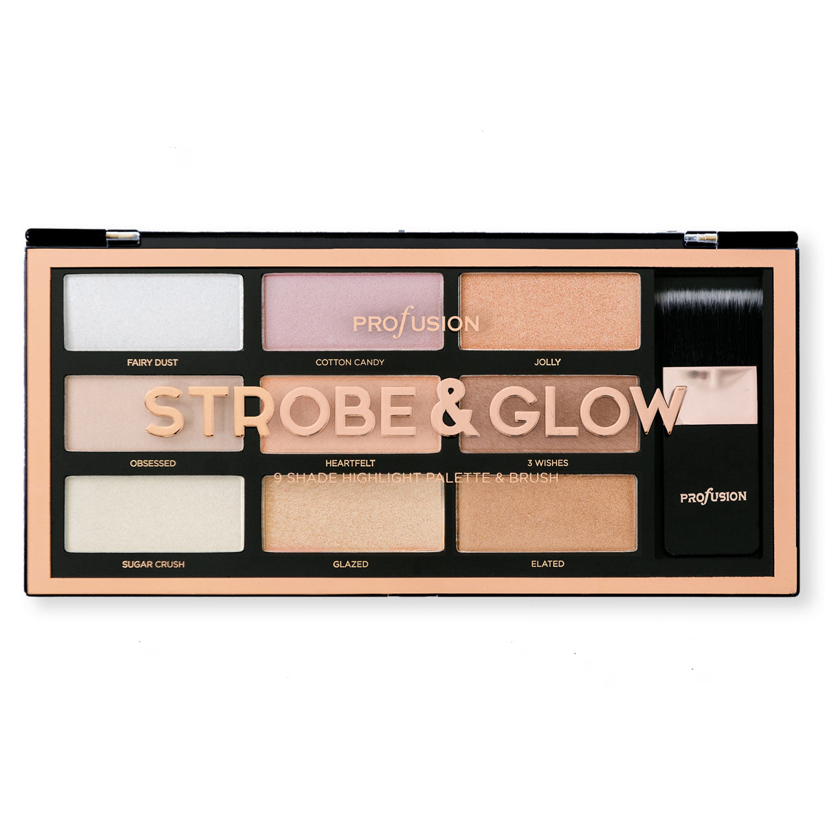 Profusion Cosmetics Strobe & Glow Artistry Palette with face highlighters and shades for glowing, radiant skin.