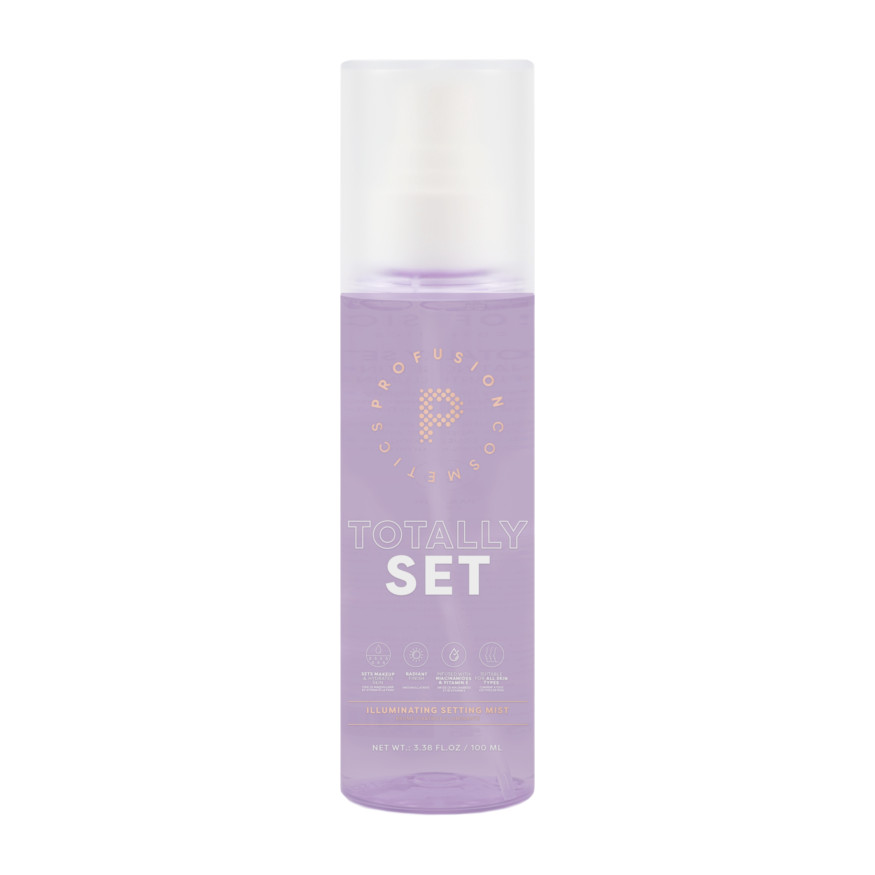 Profusion Cosmetics Totally Set Illuminating Setting Mist spray for face with a clear bottle and mist nozzle, designed to set and illuminate makeup.