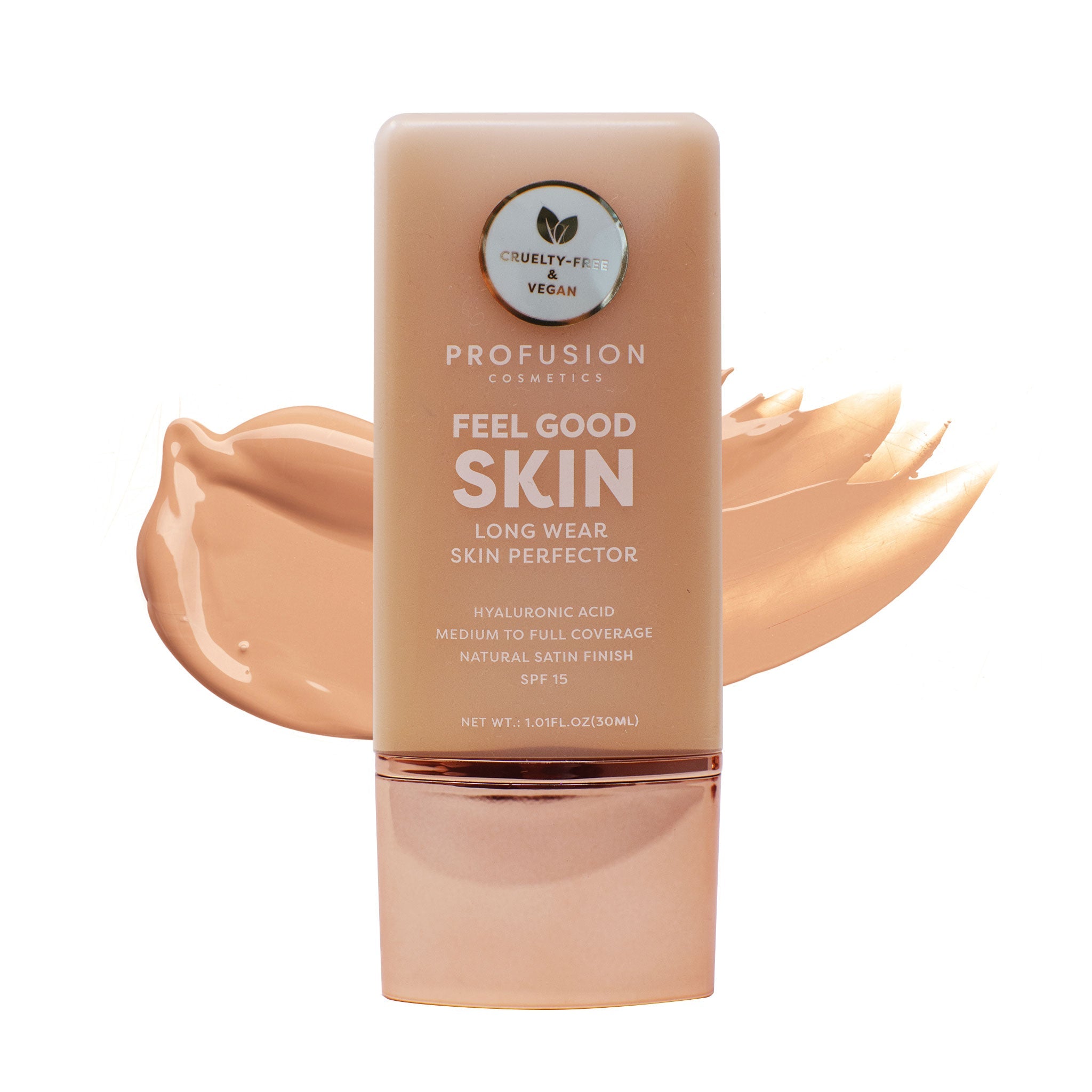 Profusion Cosmetics Feel Good Skin Hydrating Skin Perfector for face with a natural finish, in shade fair, showing the product and packaging.