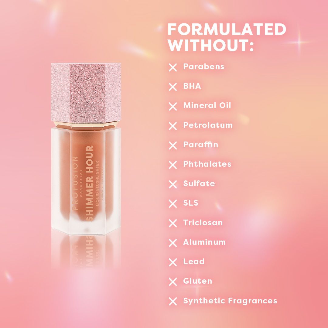 Profusion Cosmetics Shimmer Hour Liquid Blushlighter on face, peach-mimosa shade, highlighting cheeks with shimmering glow.