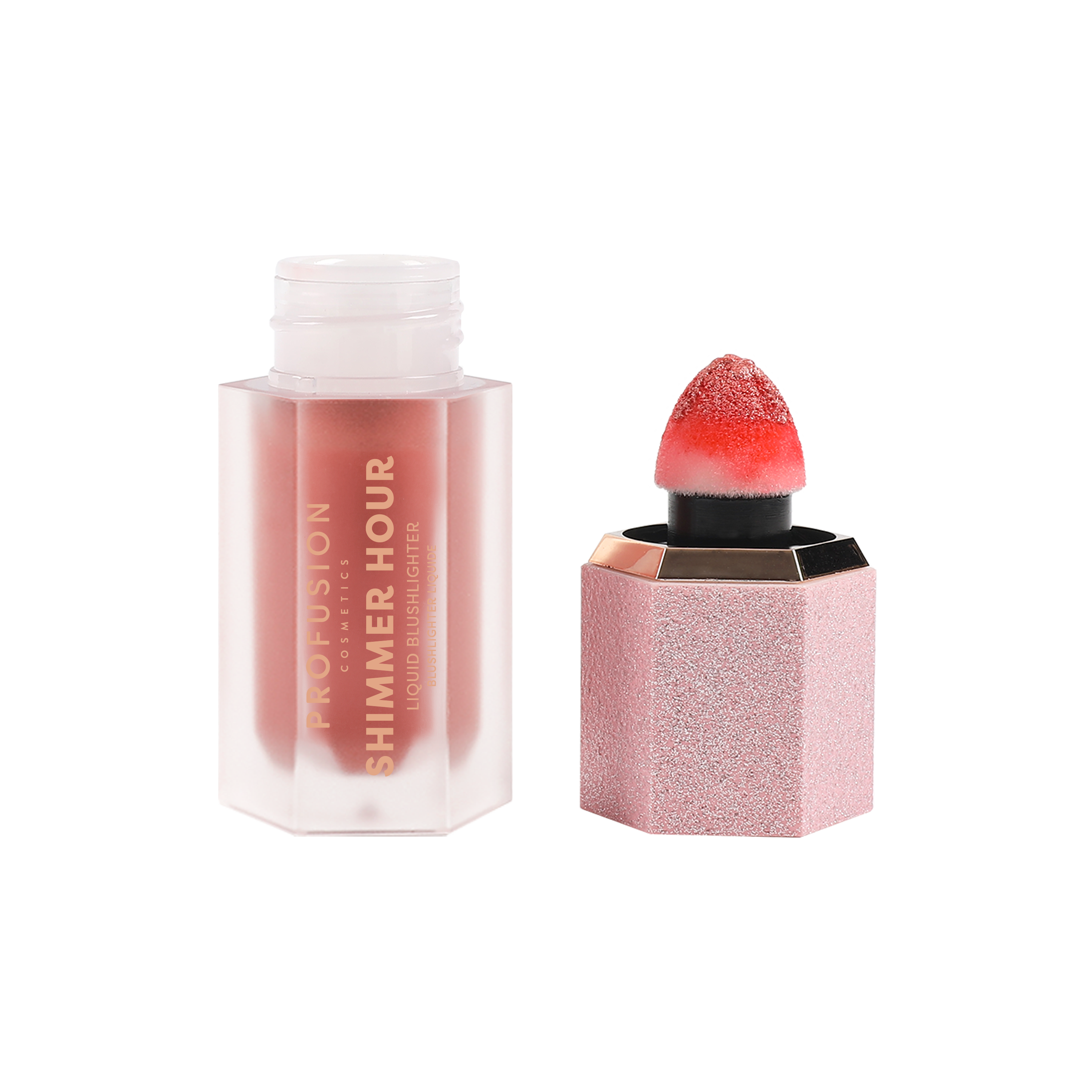 Profusion Cosmetics Shimmer Hour Liquid Blushlighter on face with peach and mimosa shades, highlighting a radiant makeup look.