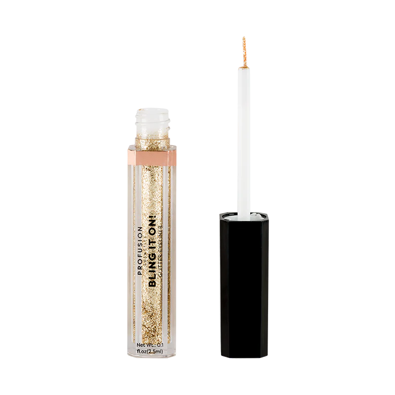 Profusion Cosmetics Bling It On Glitter Eyeliner in Gold Rush, showcasing shimmering gold glitter liquid eyeliner for bold eye looks.