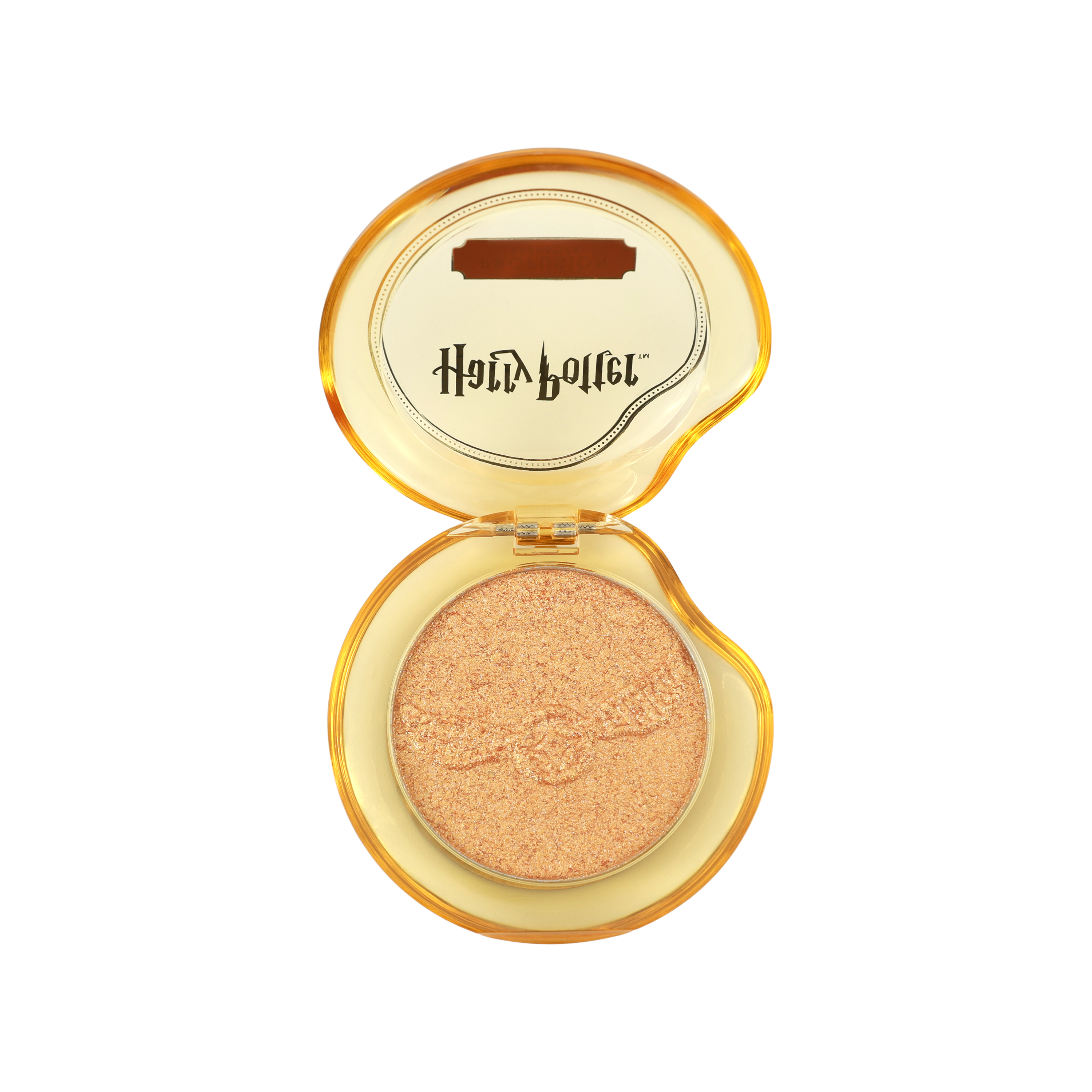 Harry Potter Holiday Golden Snitch highlighter by Profusion Cosmetics showcasing a shimmering, gold-toned makeup highlighter in a decorative box.