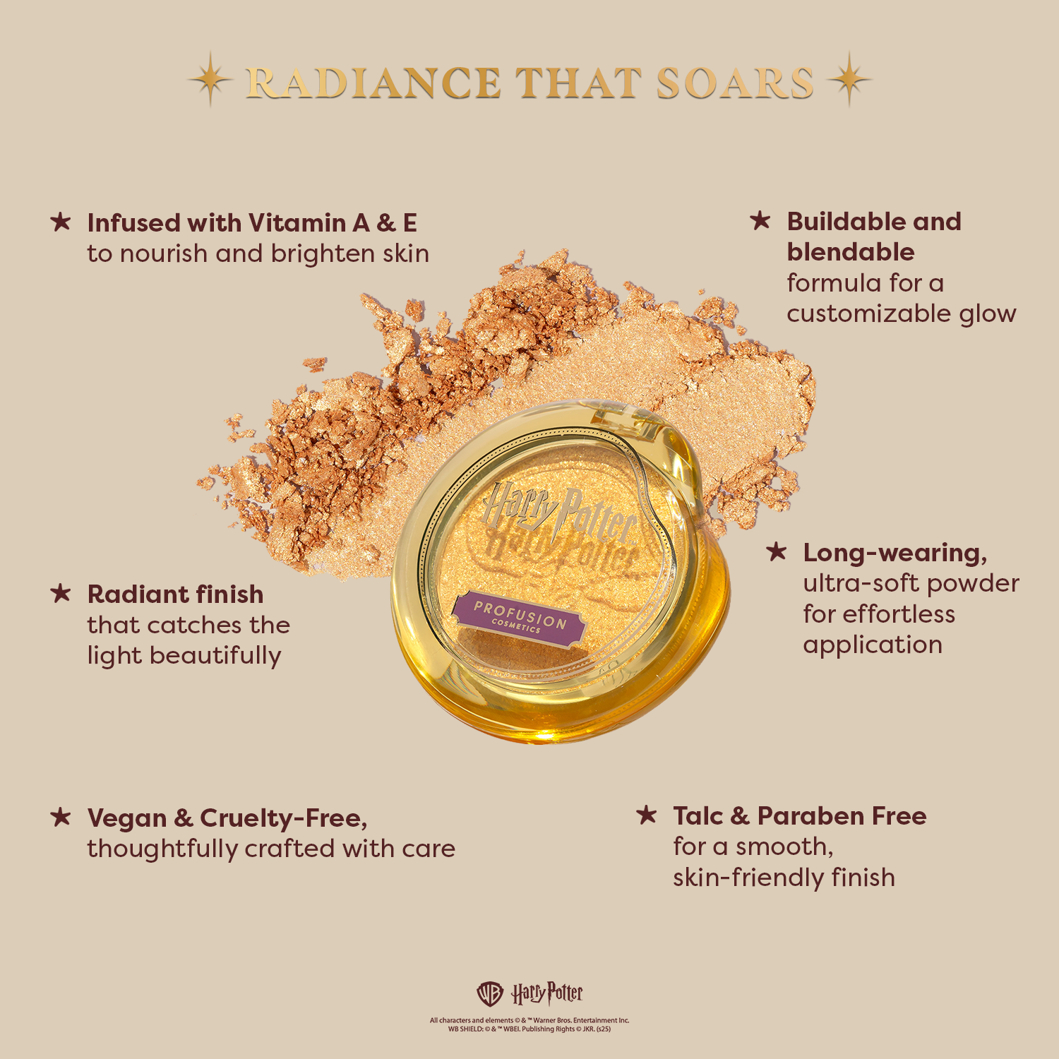 Profusion Cosmetics Harry Potter Holiday Golden Snitch™ highlighter with shimmering gold finish, designed for luminous skin glow.