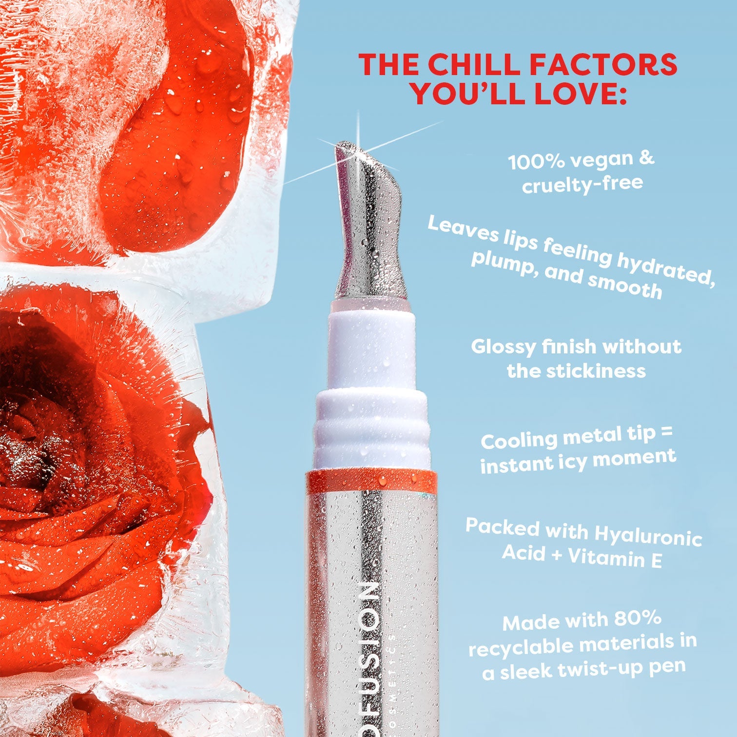 Profusion Cosmetics Frosted Kiss Cooling Plumping Lip Gloss in icy nude with frosted finish and glossy shine.