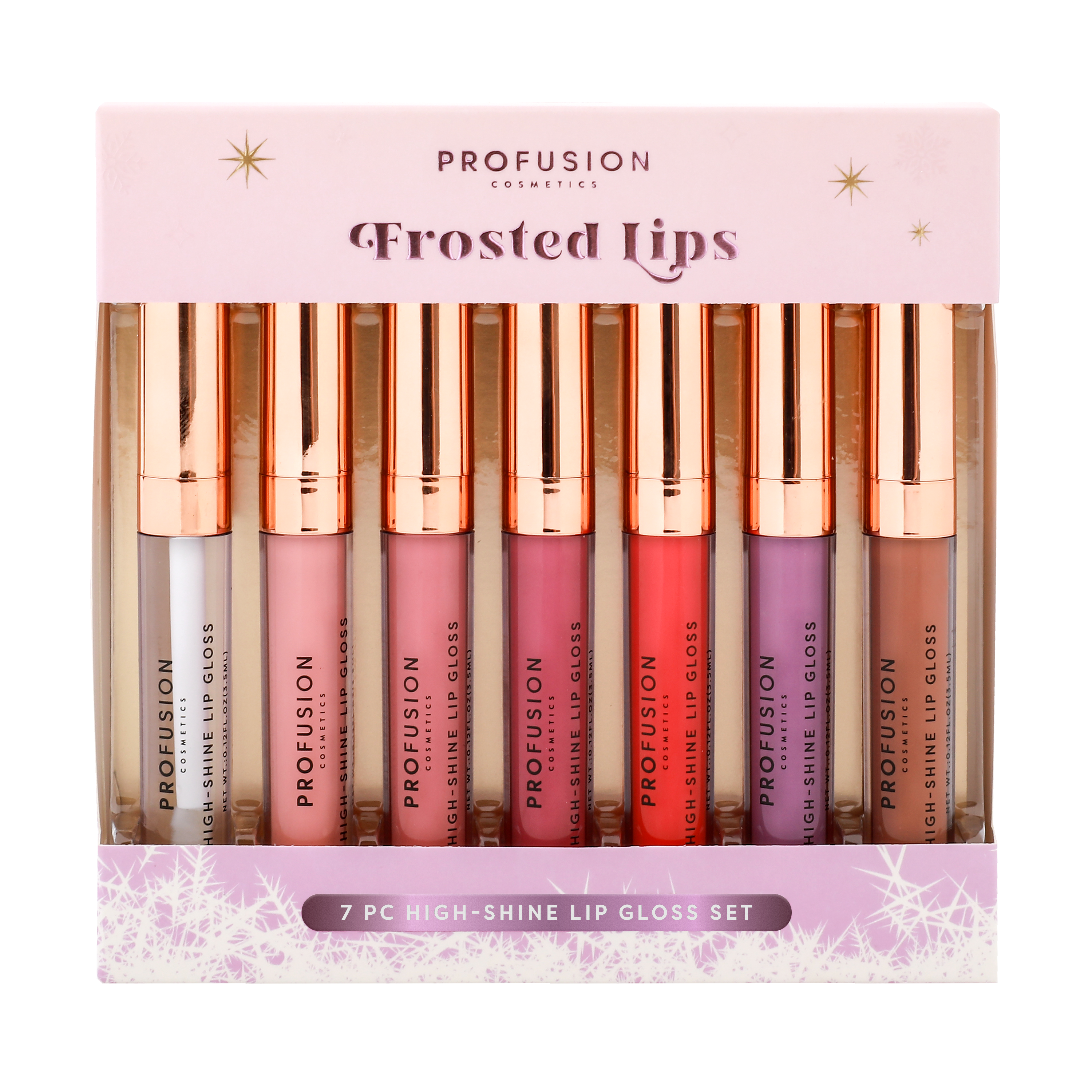 Profusion Cosmetics Frosted Snow Sparkle lip gloss set with frosted, shimmering lip glosses in a variety of shades.