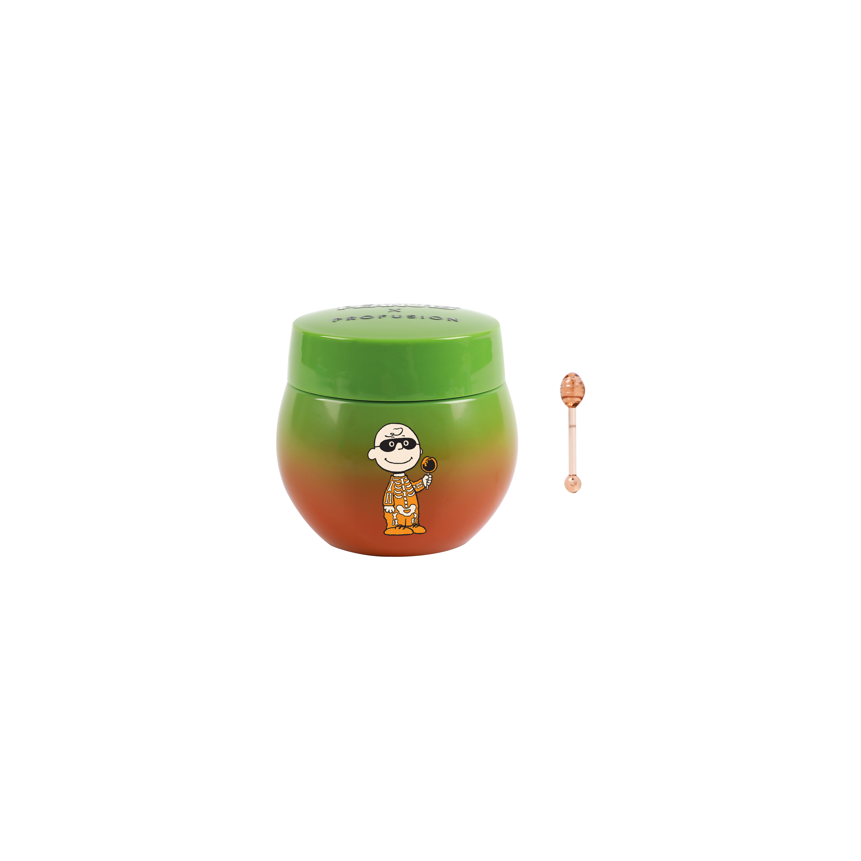 Profusion Cosmetics Peanuts Halloween apple bobbing overnight lip mask applied on lips with festive Peanuts theme design.