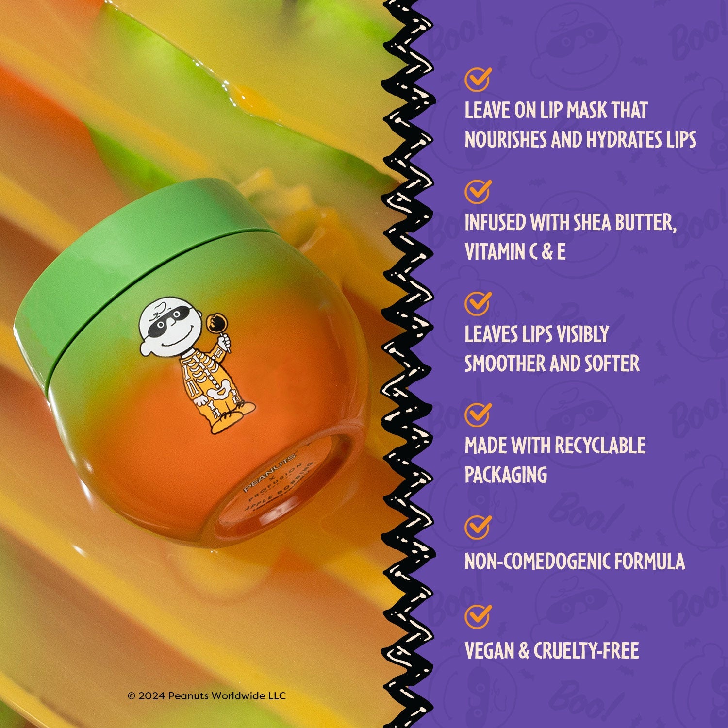 Profusion Cosmetics Peanuts Halloween apple bobbing overnight lip mask applied to lips, featuring fun Halloween-themed packaging and design.