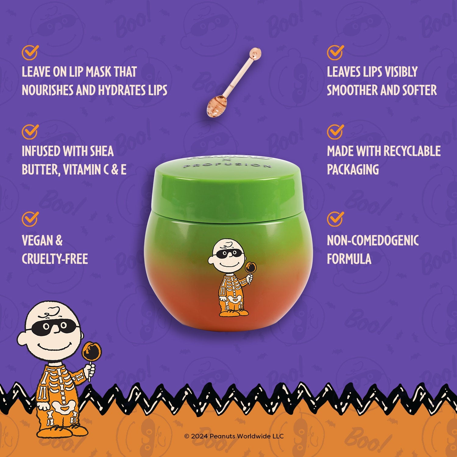Profusion Cosmetics Peanuts Halloween Apple Bobbing Overnight Lip Mask applied on lips with festive packaging in the background.