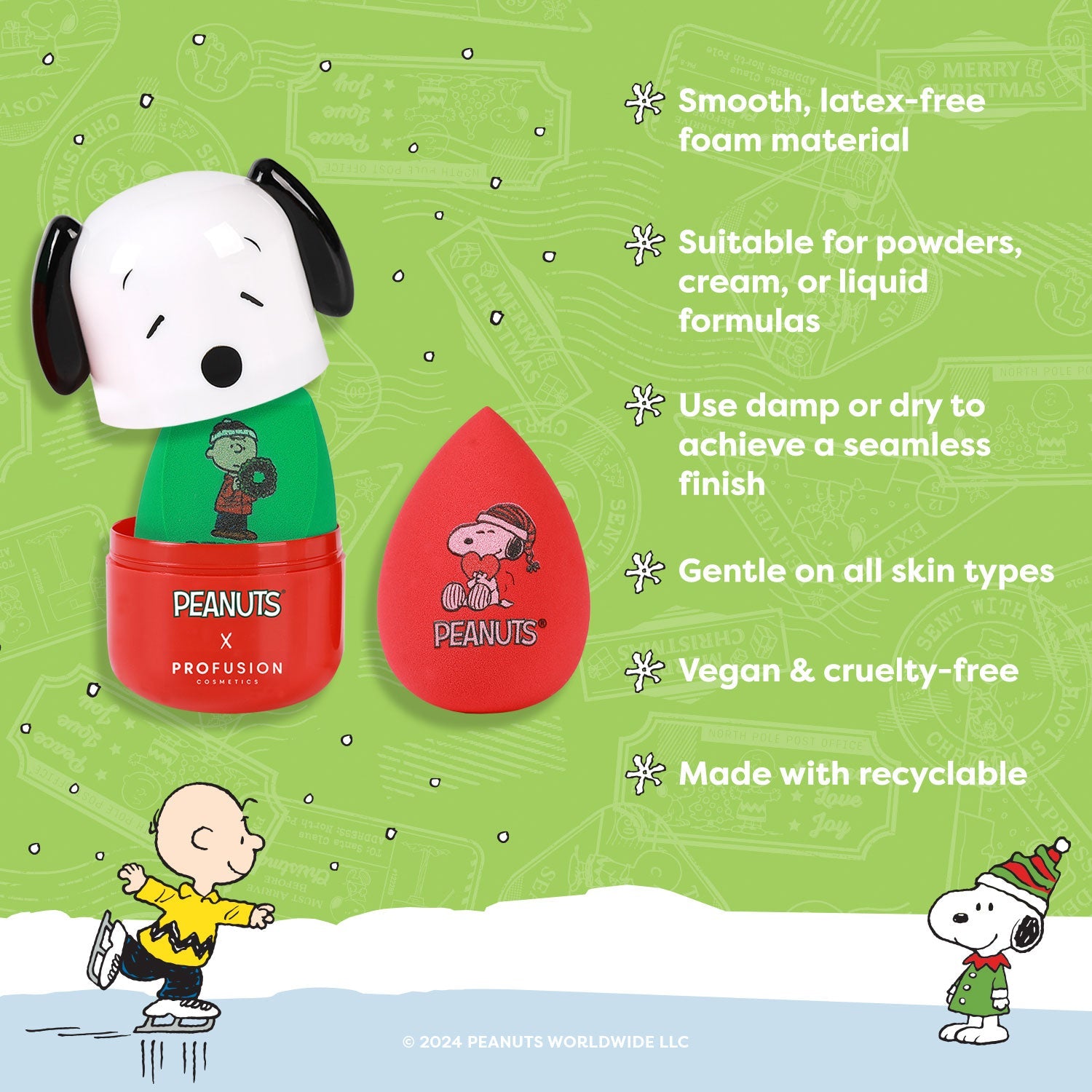 Profusion Cosmetics Peanuts Holiday Let It Blend lip blending sponge and case set, colorful packaging with Peanuts holiday design.