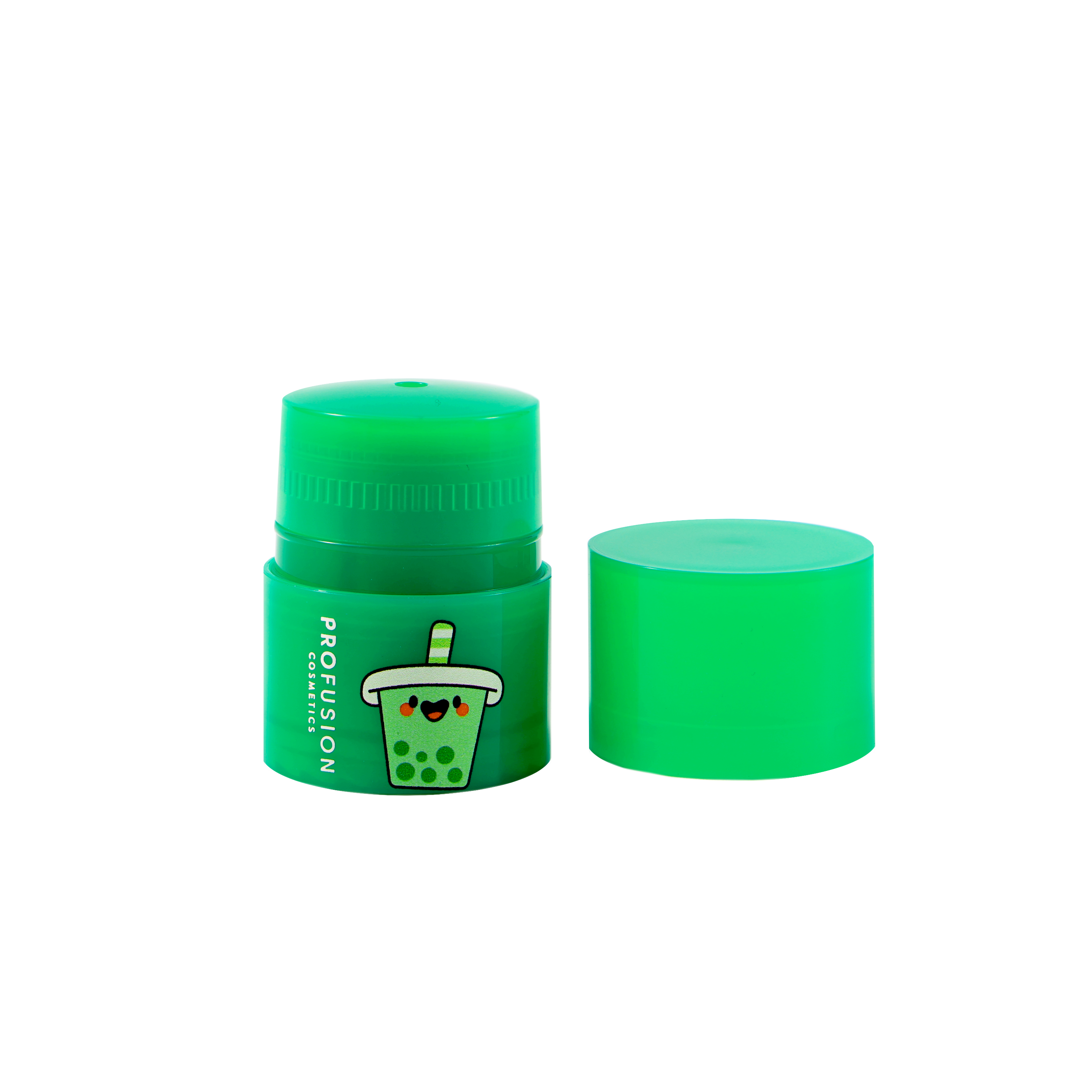 Profusion Cosmetics Boba Kiss Nourishing Lip Mask in Matcha Latte flavor, creamy texture and glossy finish on lips.