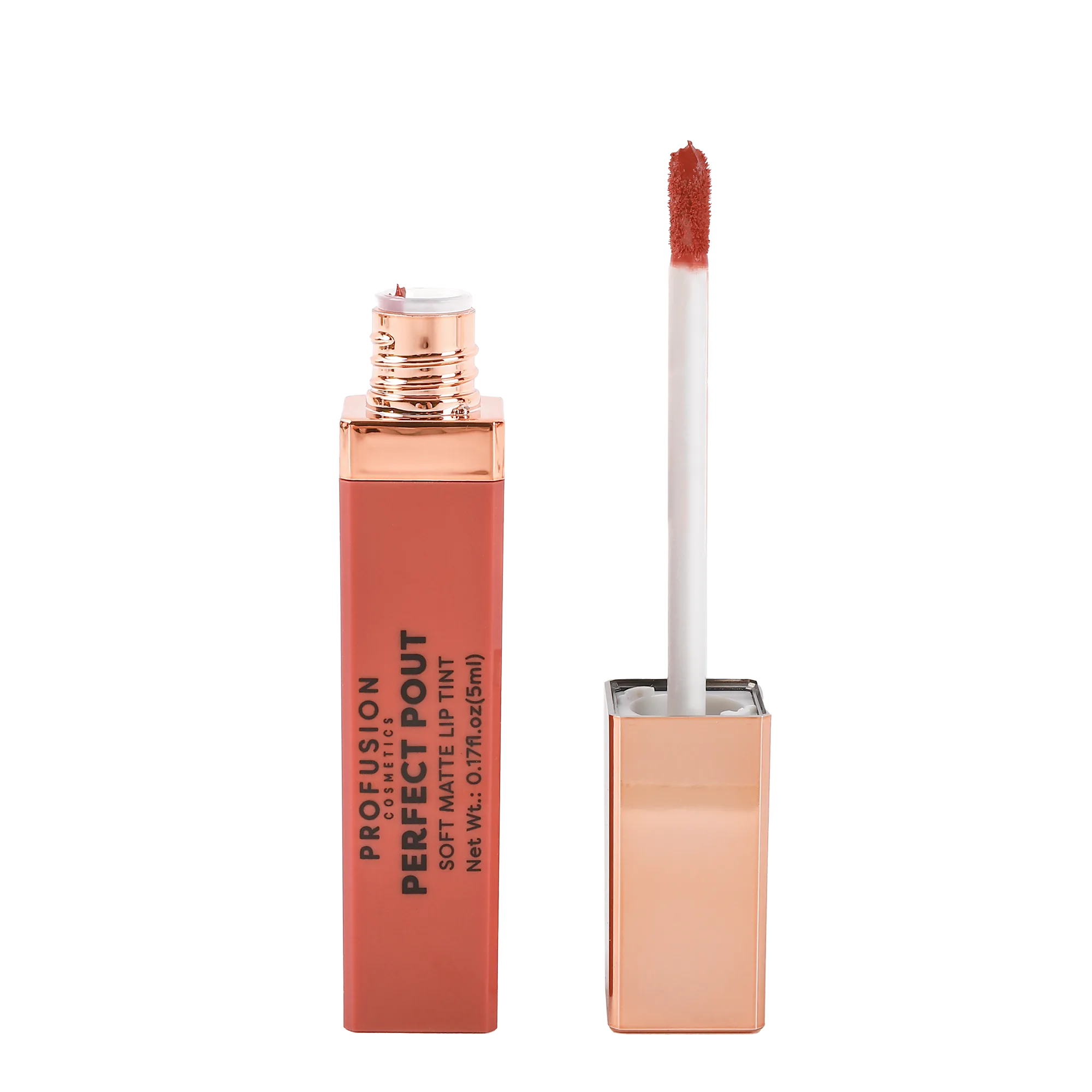 Profusion Cosmetics Perfect Pout Soft Matte Lip Tint on lips, showcasing a smooth, matte finish with a natural pink hue.