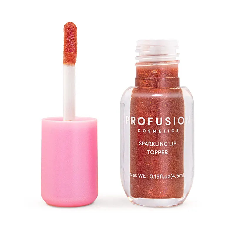 Profusion Cosmetics cinnamon lip syrup applied on lips, enhancing natural shine and color with a smooth, glossy finish.