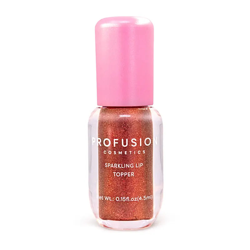 Profusion Cosmetics cinnamon lip syrup in a clear bottle with a wand applicator, highlighting glossy lip care product.