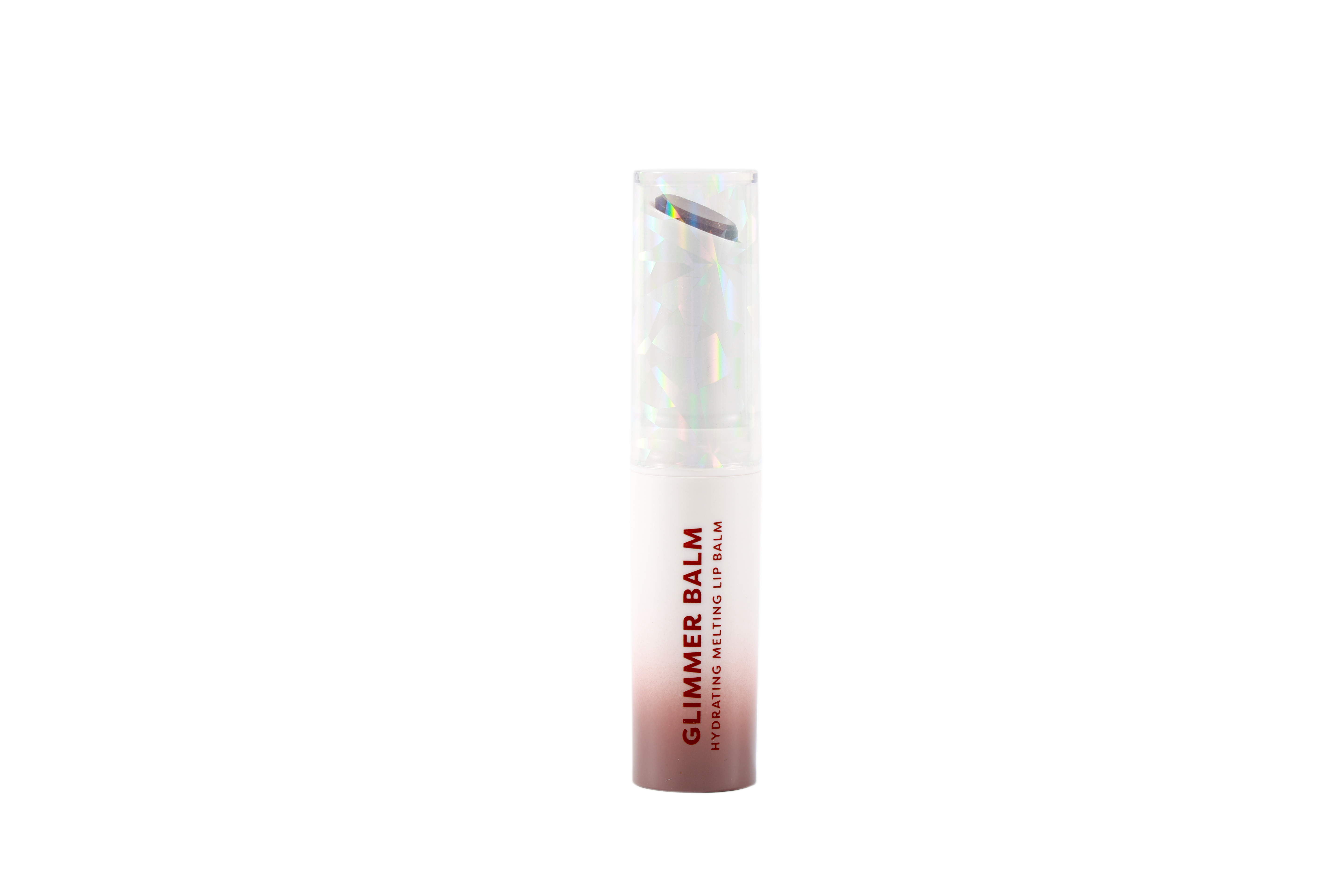 Profusion Cosmetics Glimmer Balm Hydrating Melting Lip Balm in coral, featuring a smooth, glossy lip finish.