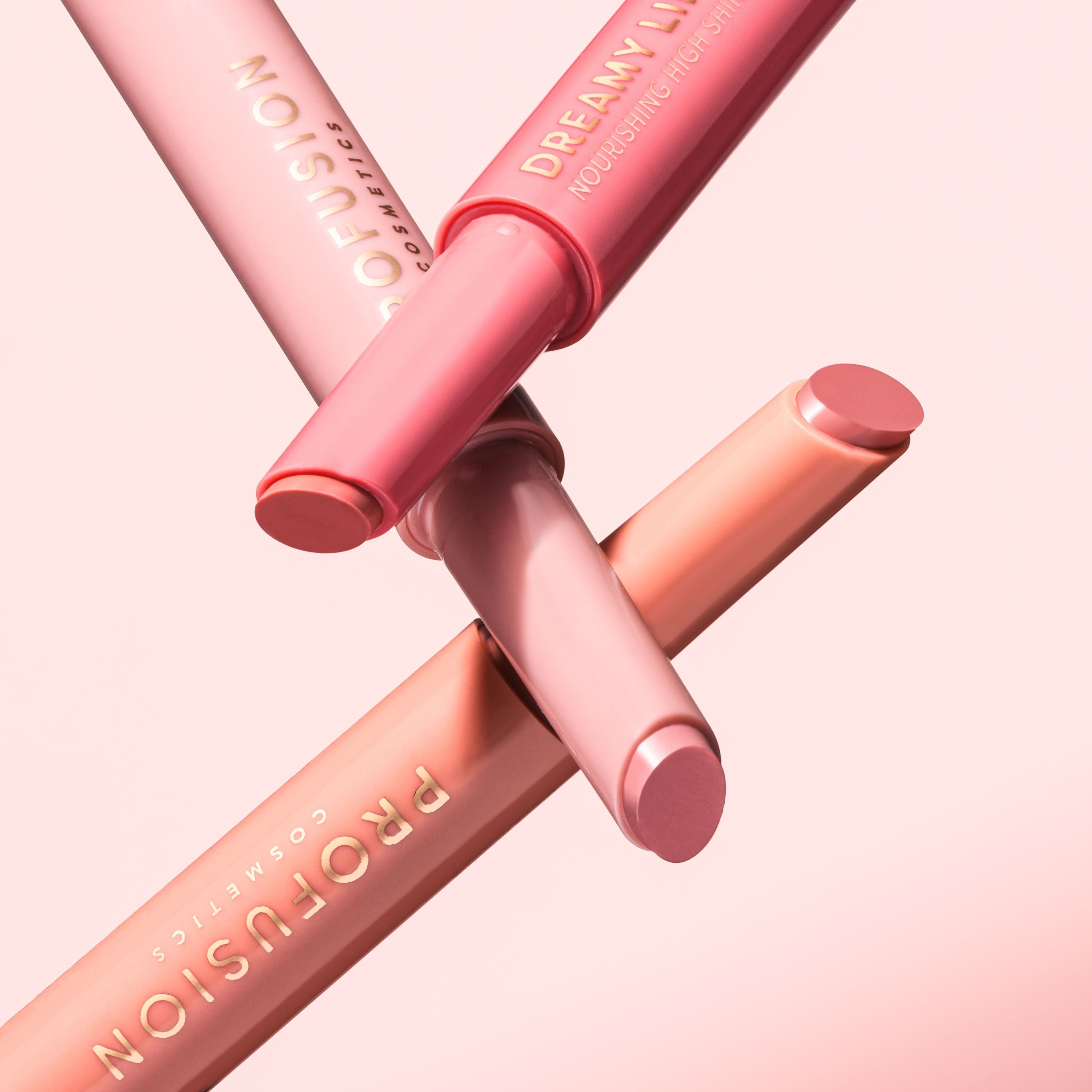 Profusion Cosmetics Dreamy Lip Plump with nude lips and glossy finish, showcasing the lip-enhancing product.