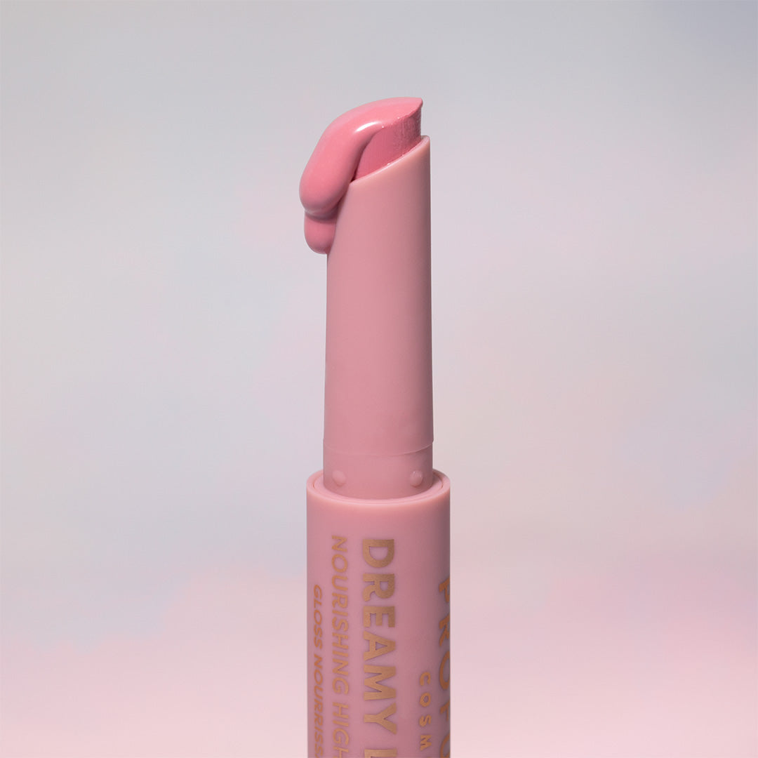 Profusion Cosmetics Dreamy Lip Plump in Cozy Nude, close-up of lips with glossy, plumped appearance and nude shade.