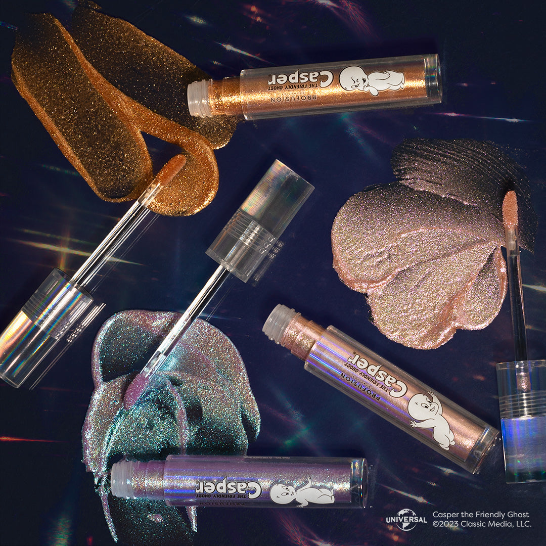 Profusion Cosmetics Casper the Friendly Ghost glitter lip topper trio on lips, featuring festive, sparkly lip glosses.