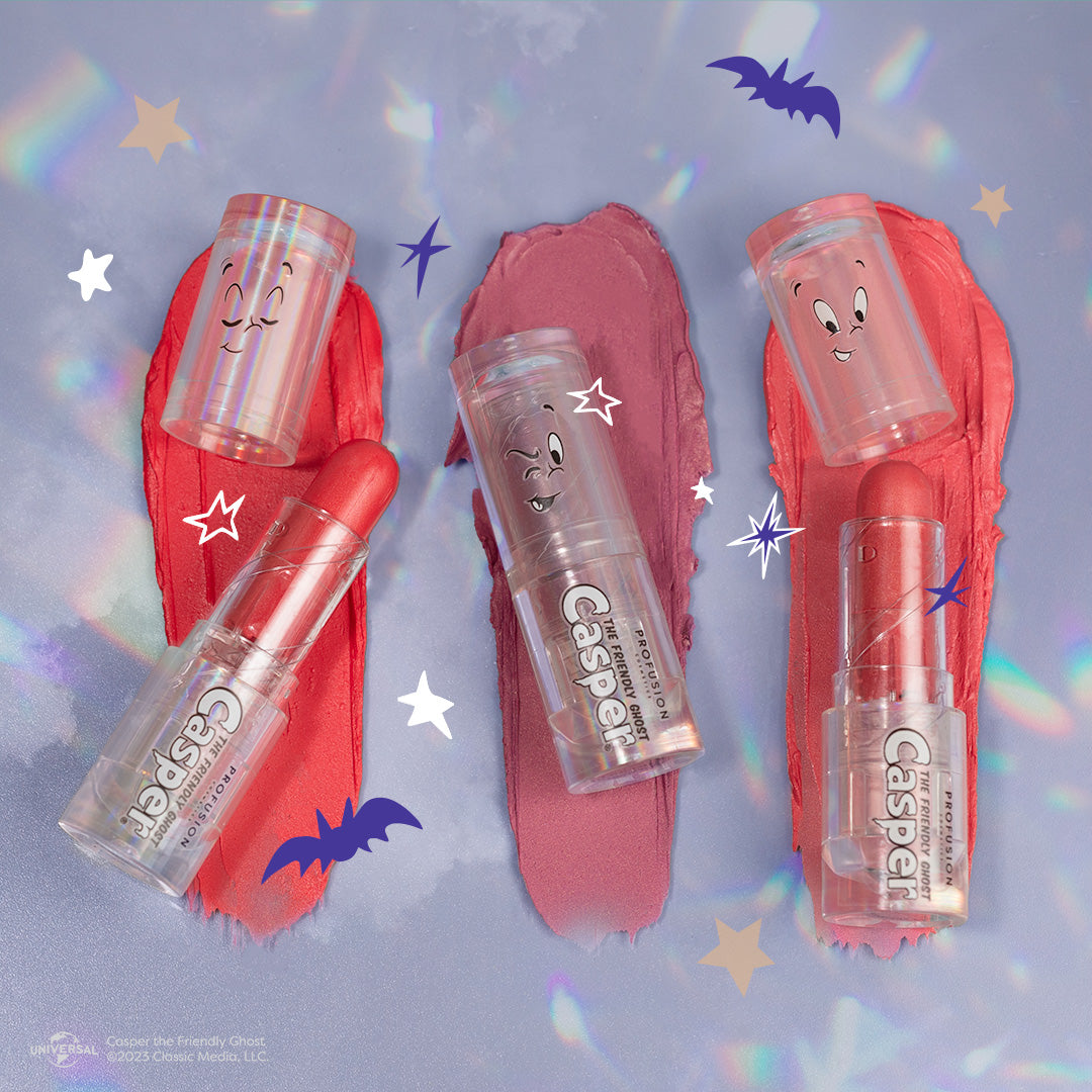 Profusion Cosmetics Casper the Friendly Ghost lip and cheek balm set featuring three soft, colorful balms in playful packaging.
