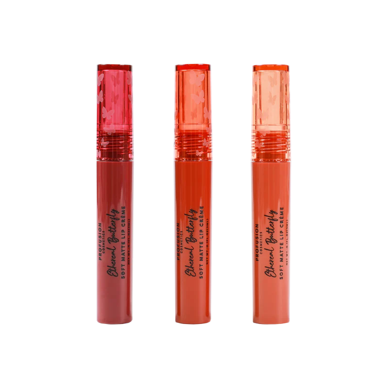 Profusion Cosmetics Empowered Butterfly soft matte lip crème set featuring vibrant lip colors in a stylish packaging.