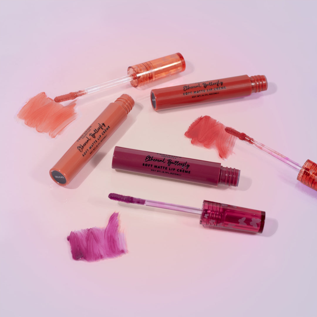 Profusion Cosmetics Empowered Butterfly soft matte lip crème set featuring vibrant lip colors in stylish packaging.